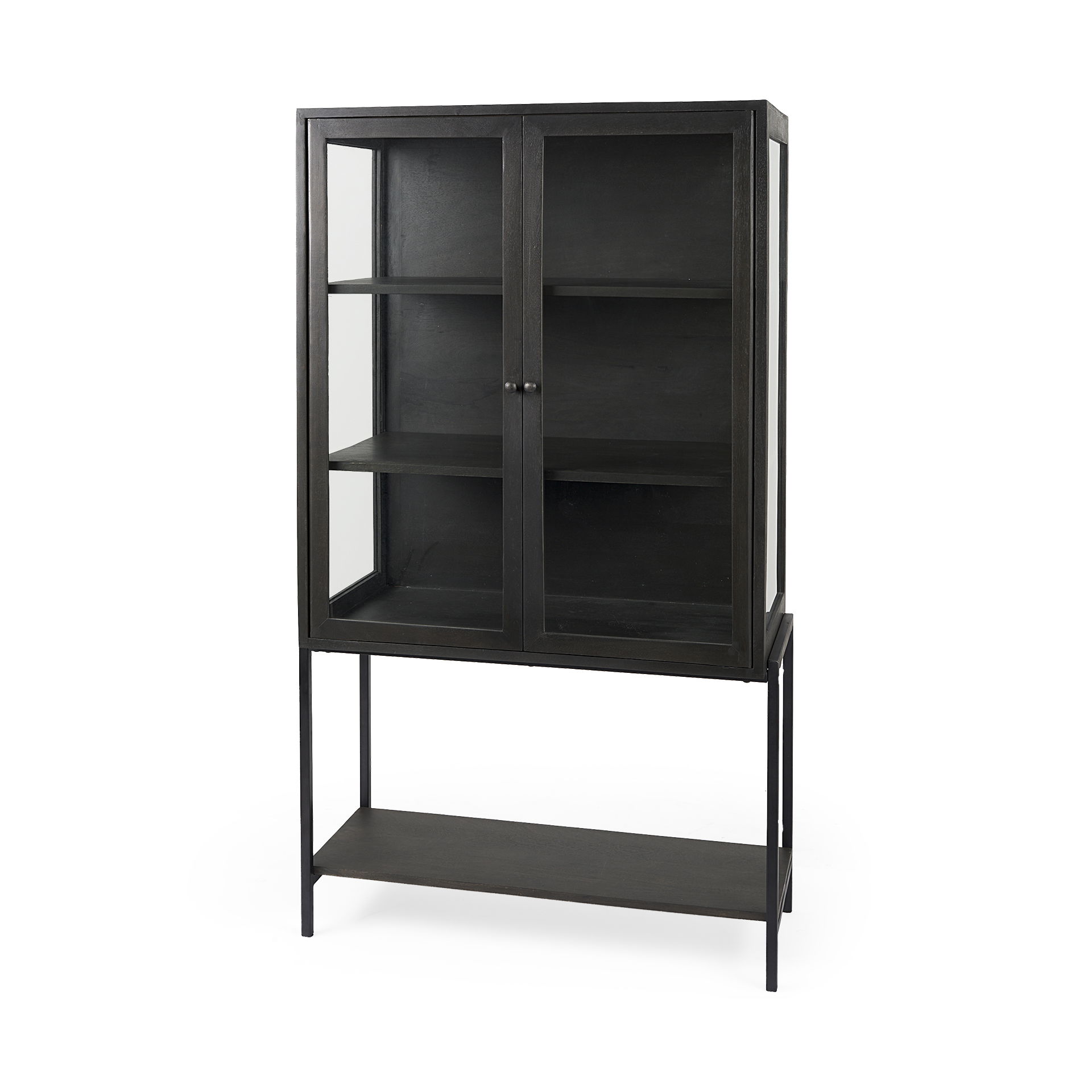 Arelius 36L x 18W x 63H Black-Brown Wood with Black Metal Base Display Cabinet large image 