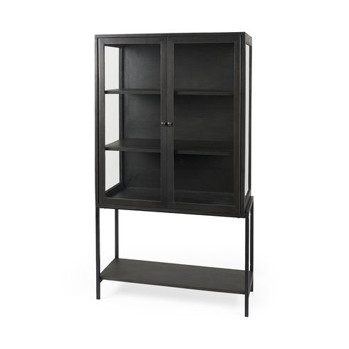 Arelius 36L x 18W x 63H Black-Brown Wood with Black Metal Base Display Cabinet