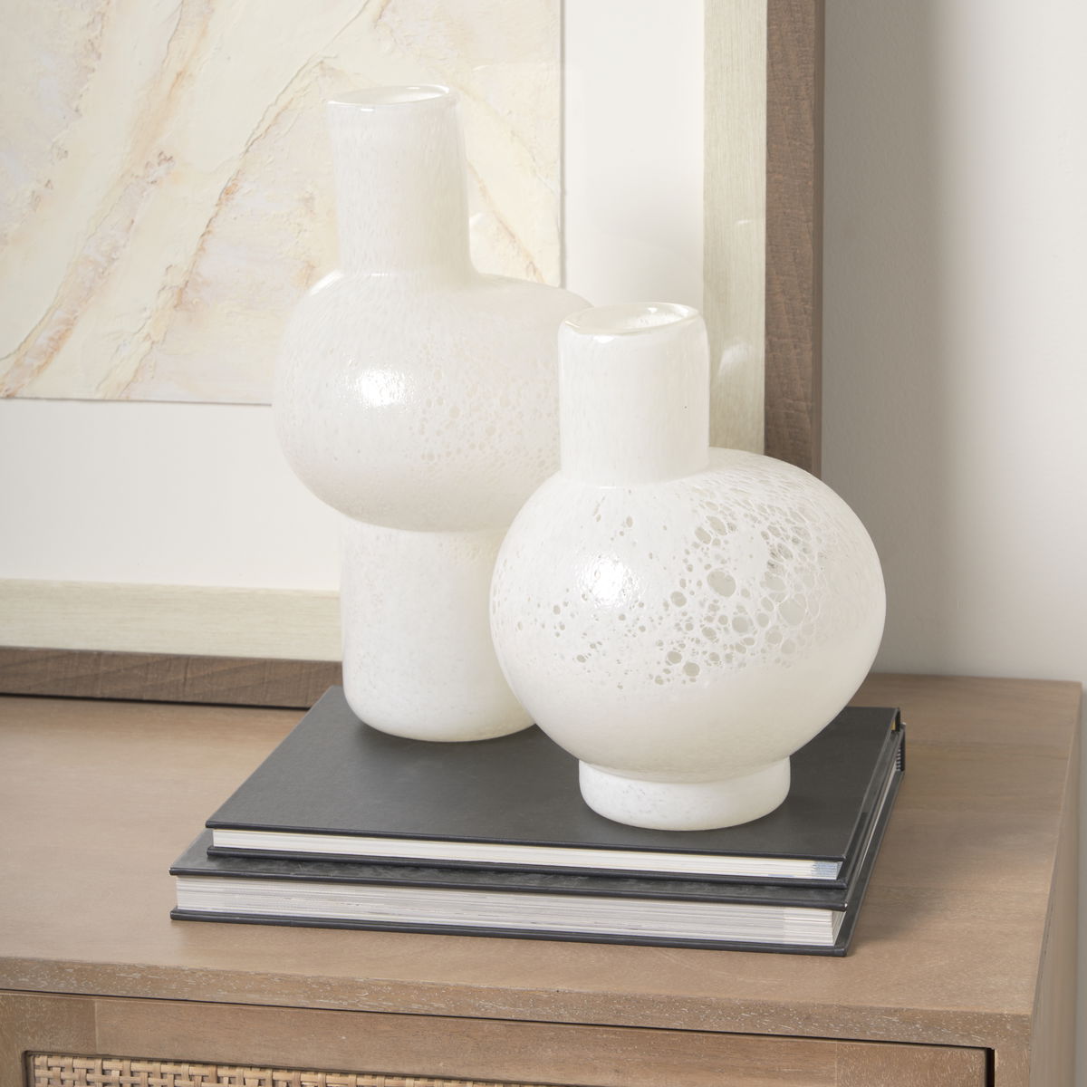 Heket Short White Glass Vase, by Mercana, 6.89" length x 6.89" width x 8.86" height View 2