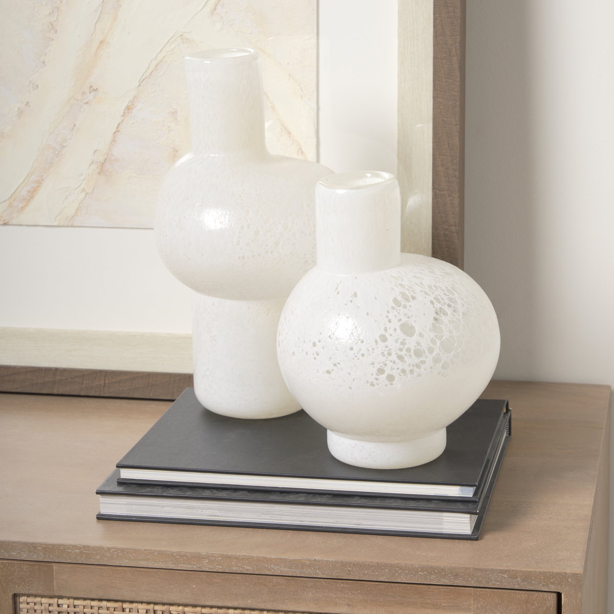 Heket Short White Glass Vase, by Mercana, 6.89" length x 6.89" width x 8.86" height View 2