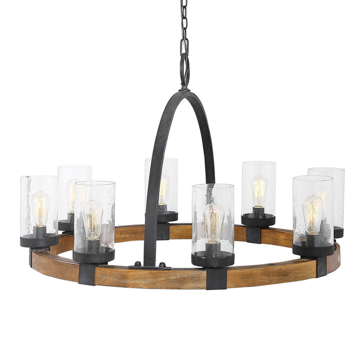 Atwood 8 Light Wagon Wheel Pendant, by Uttermost, 39" width x 24.5" height x 39" diameter x 39" depth View 3
