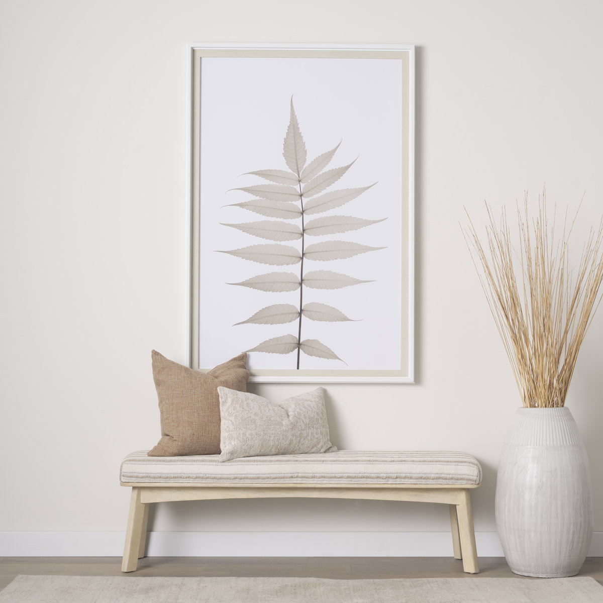 Taimo White Washed Light Brown Wood with Striped Fabric Seat Bench, Benche by Mercana, 62.2" length x 17" width x 19.3" height View 2