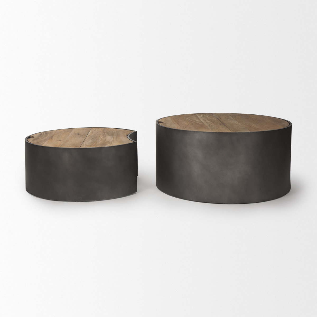 Eclipse Gunmetal Gray Drum Base with Brown Wood Top Nested Coffee Table, by Mercana, 36.22" length x 36.22" width x 17.32" height View 6