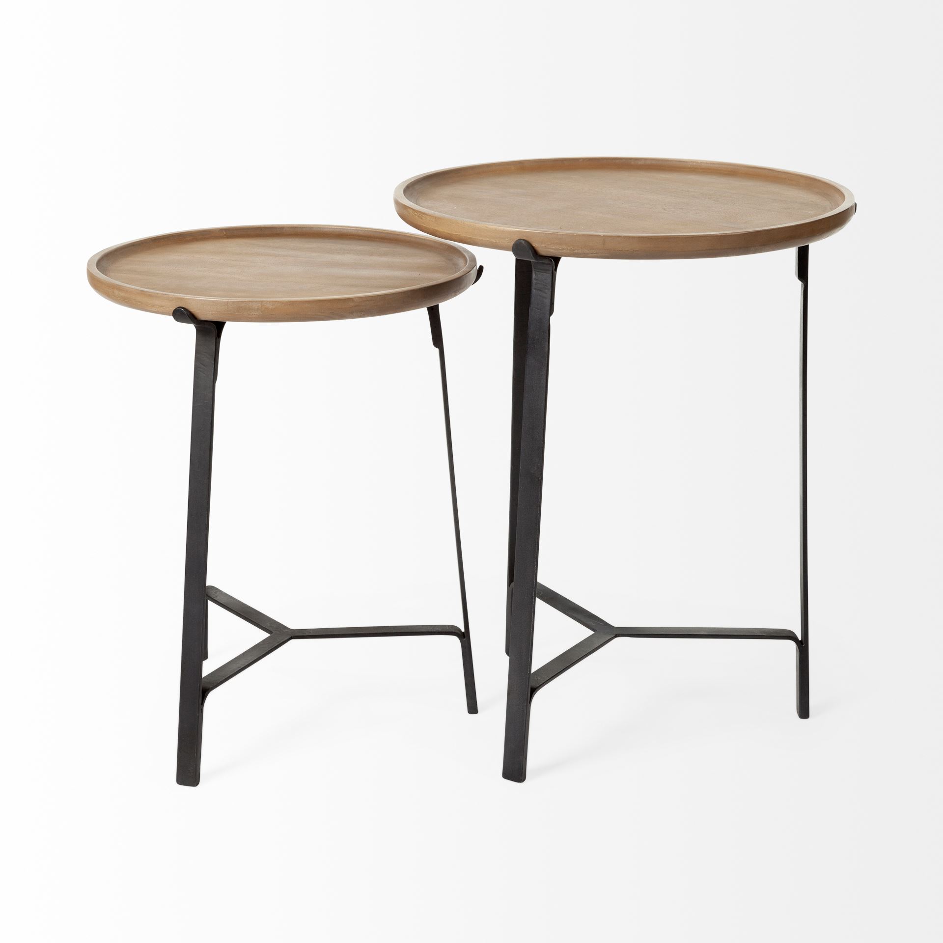 Helios III 20L x 24H Set of Two Round Brown Solid Wood Iron Base Nesting End/Side Tables, Side & End Table by Mercana, 20" length x 20" width x 24" height View 5
