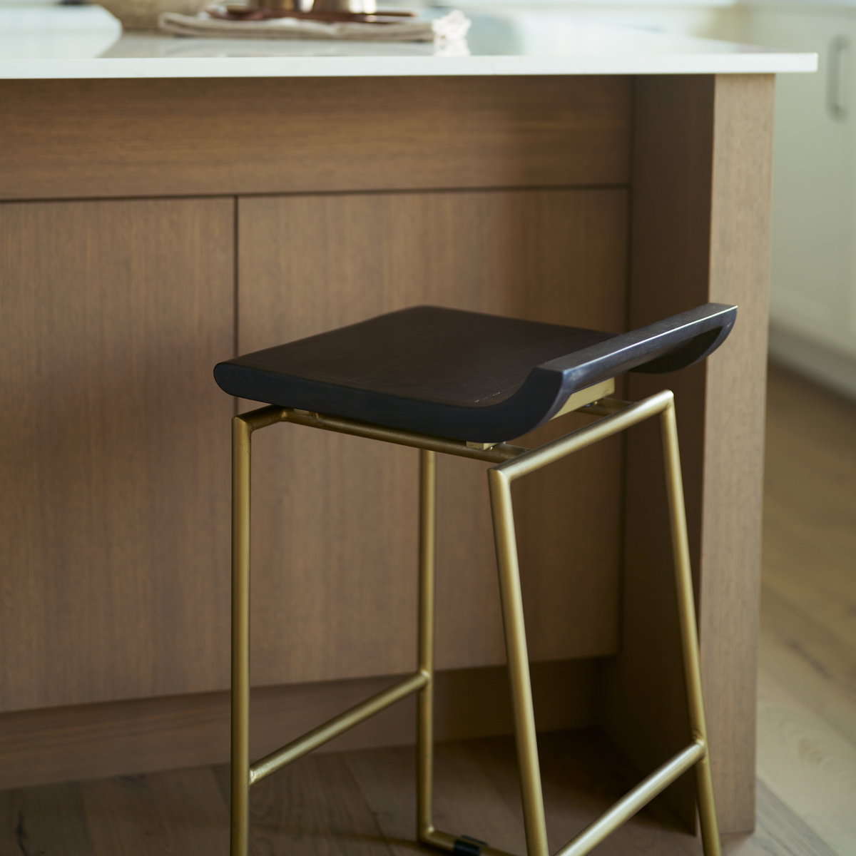 Givens Backless 26in Seat Counter Stool | Brown Wood with Gold Metal, Counter & Bar Stool by Mercana, 14" length x 15.8" width x 26" height View 4