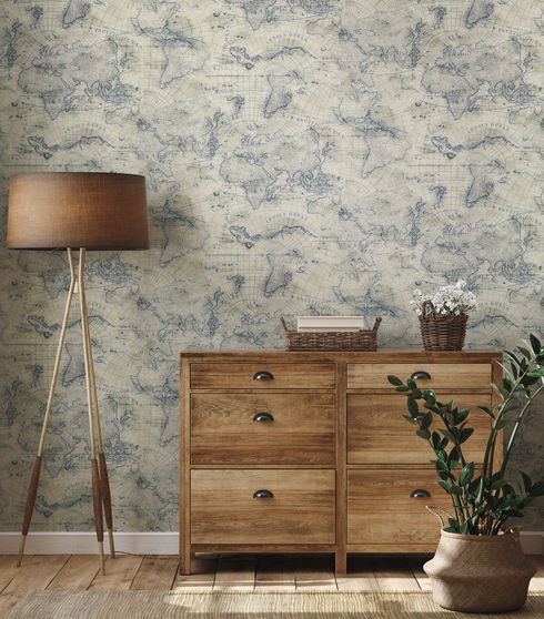 Coastal Map Blue & Beige Peel & Stick Wallpaper