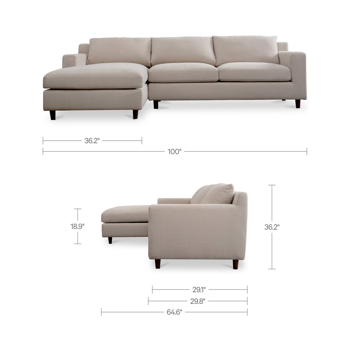 Hutton Left Sectional Beige, Sectional Sofa by Moe's Home, 100" width x 36.2" height x 29.8" depth View 11