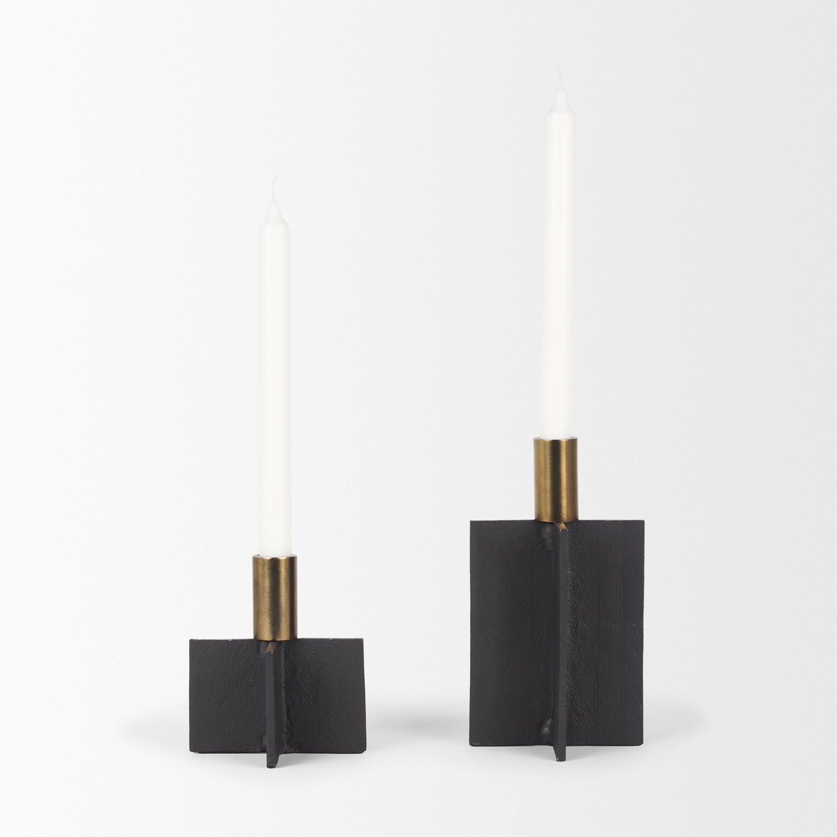 Pia Matte Black with Brushed Gold Metal Taper Candleholder (Set of 2), Candles & Candle Holder by Mercana, 4.75" length x 4.75" width x 8.25" height View 4