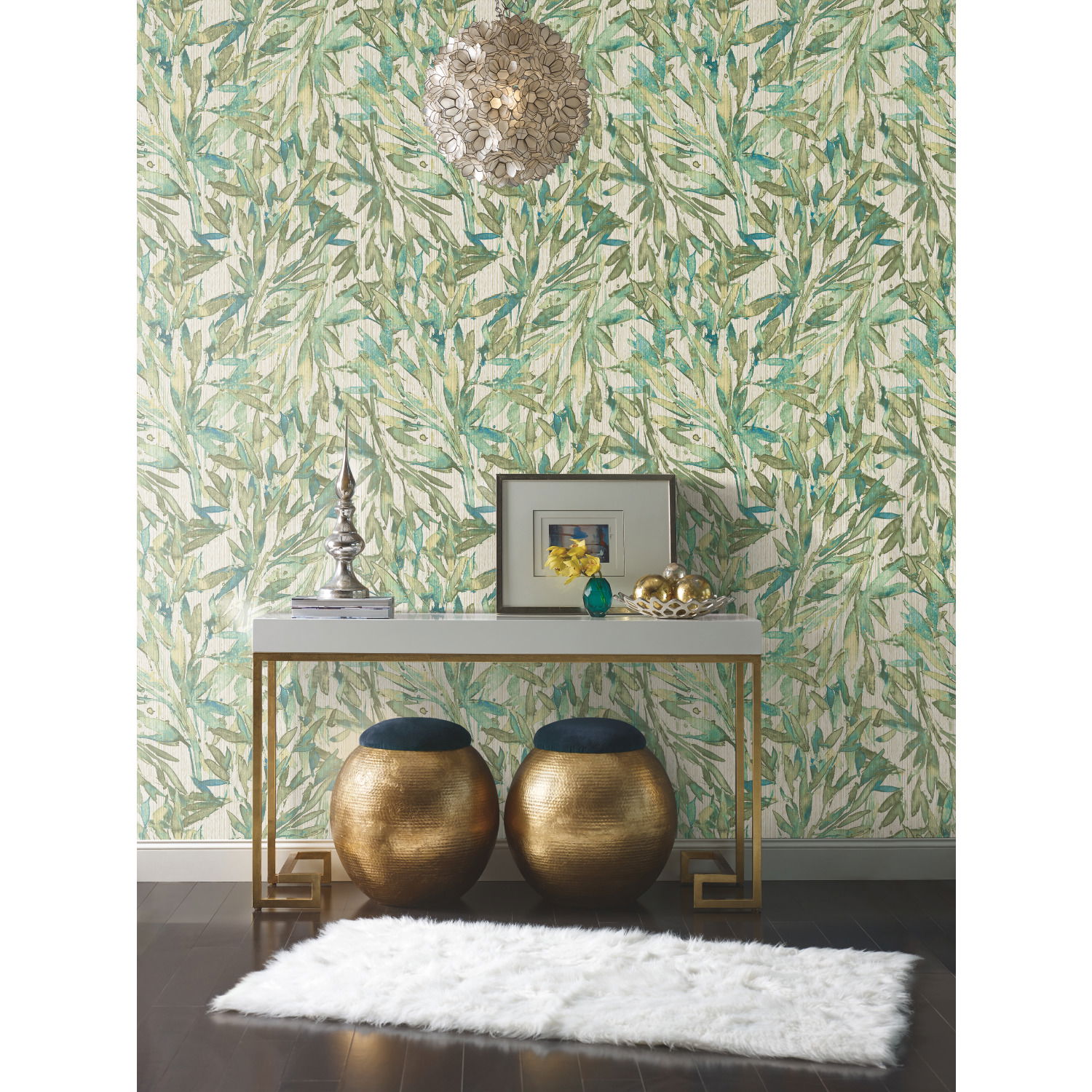 Rainforest Leaves Teal Wallpaper large image 