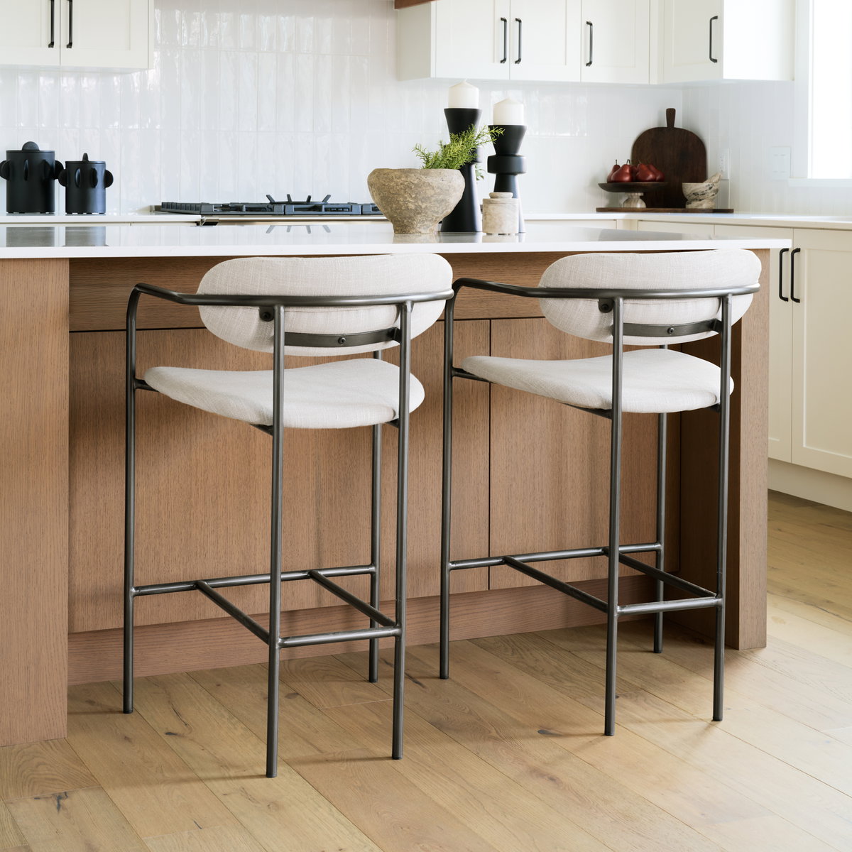 Parker Backless 36in Seat Counter Stool | Beige Fabric with Grey Metal, Counter & Bar Stool by Mercana, 19" length x 19.75" width x 36" height View 3