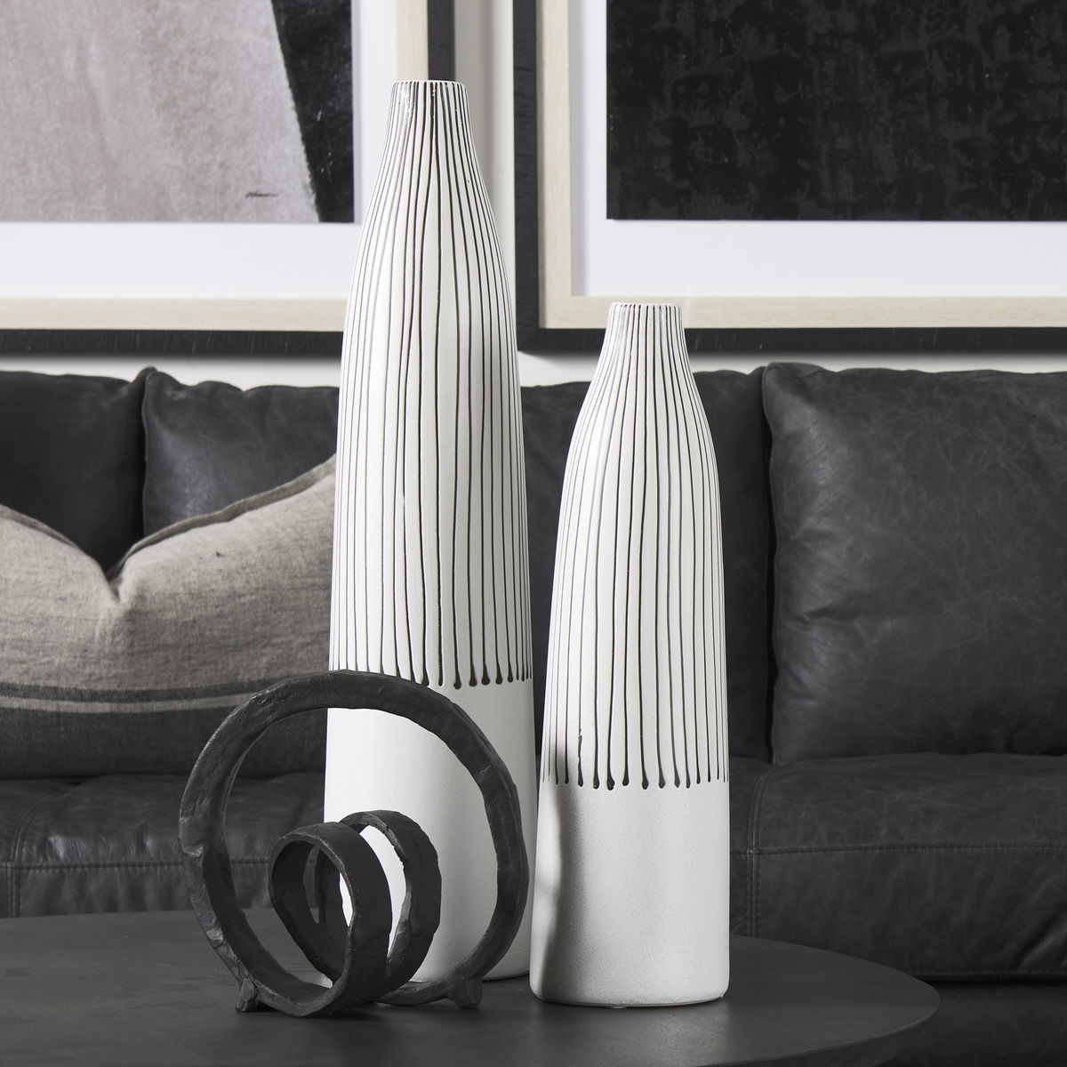 Kira I Small White Pinstripe Ceramic Vase, by Mercana, 4.92" length x 4.92" width x 17.72" height View 4