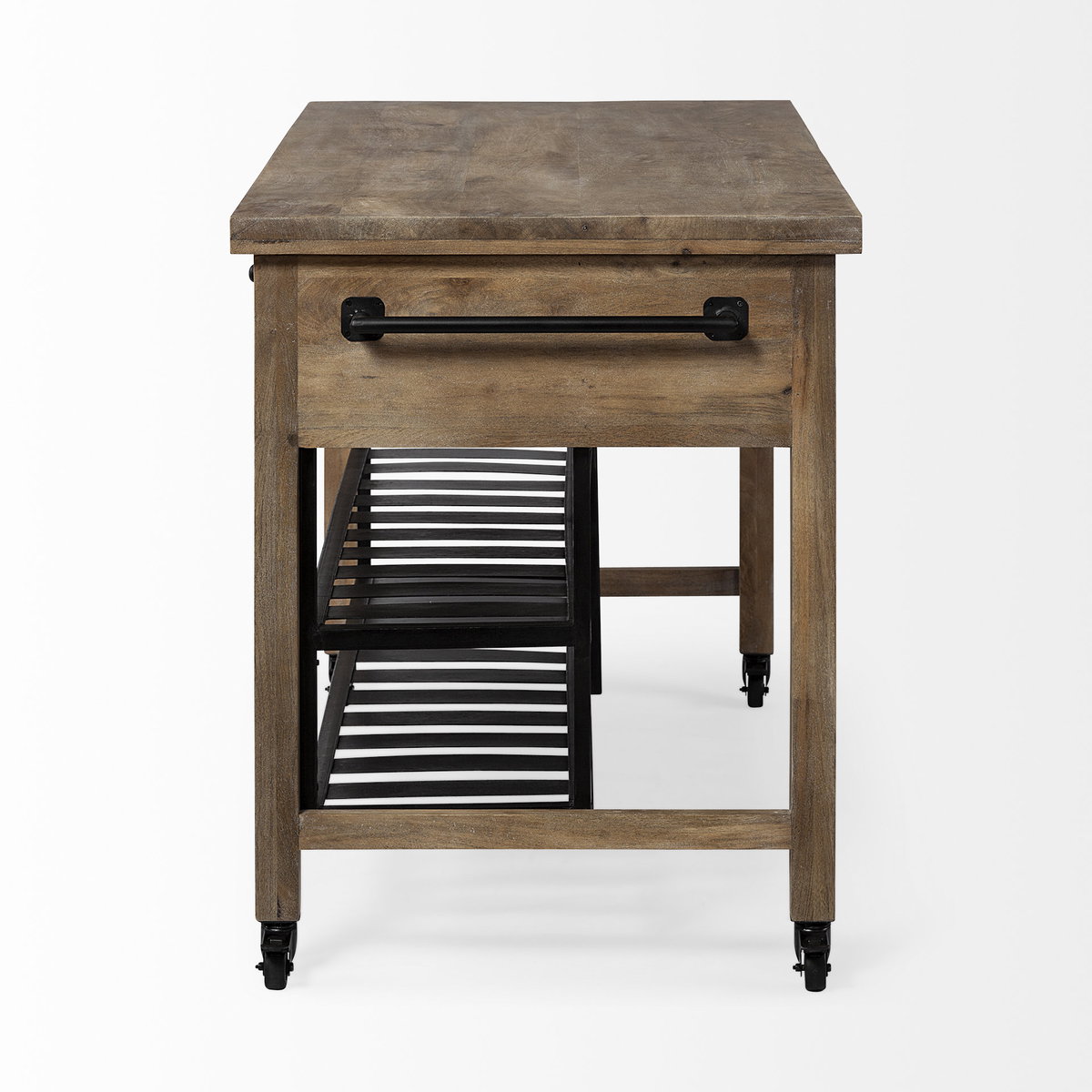 Stuart I Brown Solid Wood Top Two-Tier Black Metal Rolling Kitchen Island, by Mercana, 28" length x 63" width x 34.75" height View 5