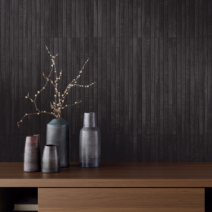 Online Designer Bathroom Kenridge Ribbon Black 24x48 Wood Look Fluted Matte Porcelain Tile