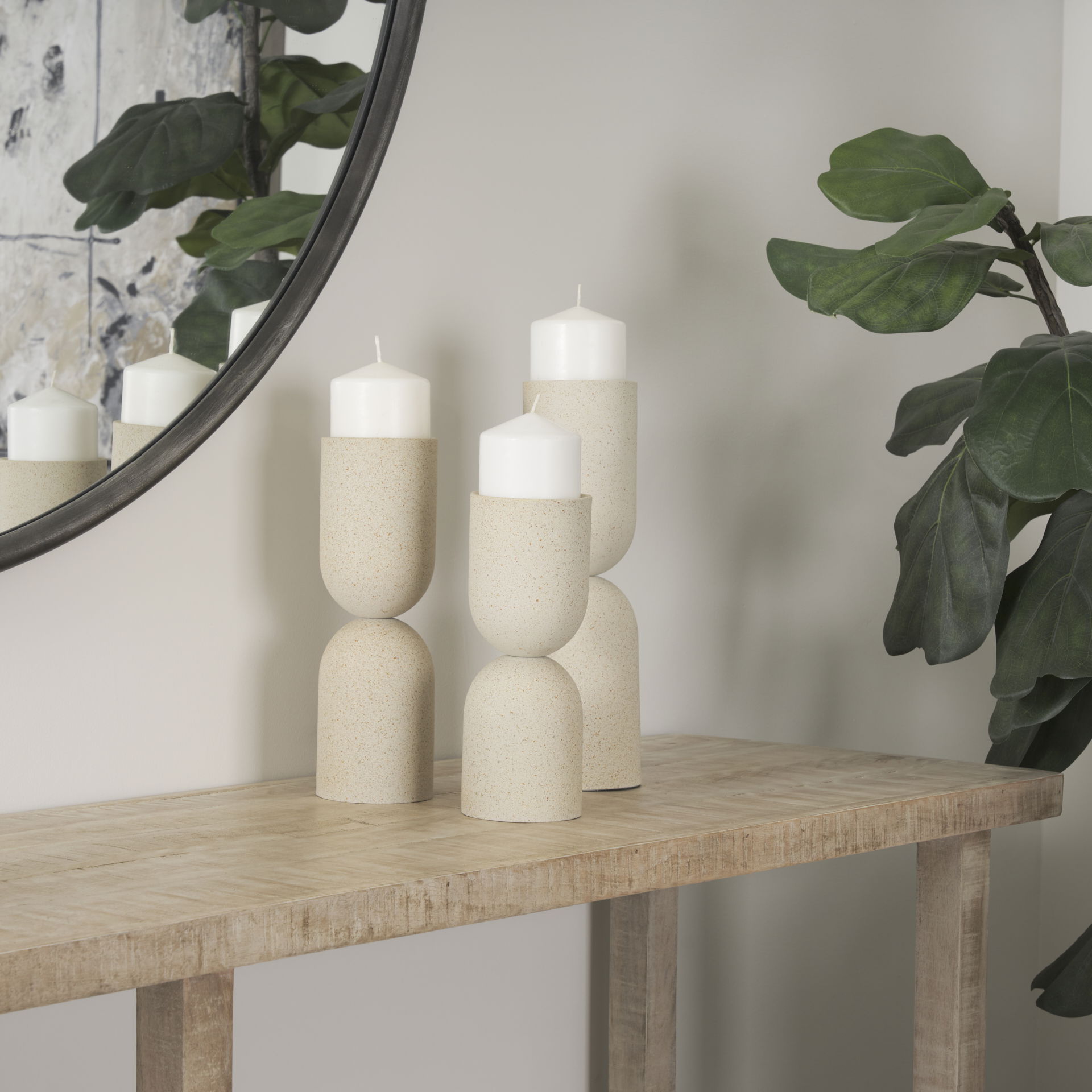 Qamra Short Beige Textured Metal Pillar Candle Holder, Candles & Candle Holder by Mercana, 3.5" length x 3.5" width x 9.25" height View 3