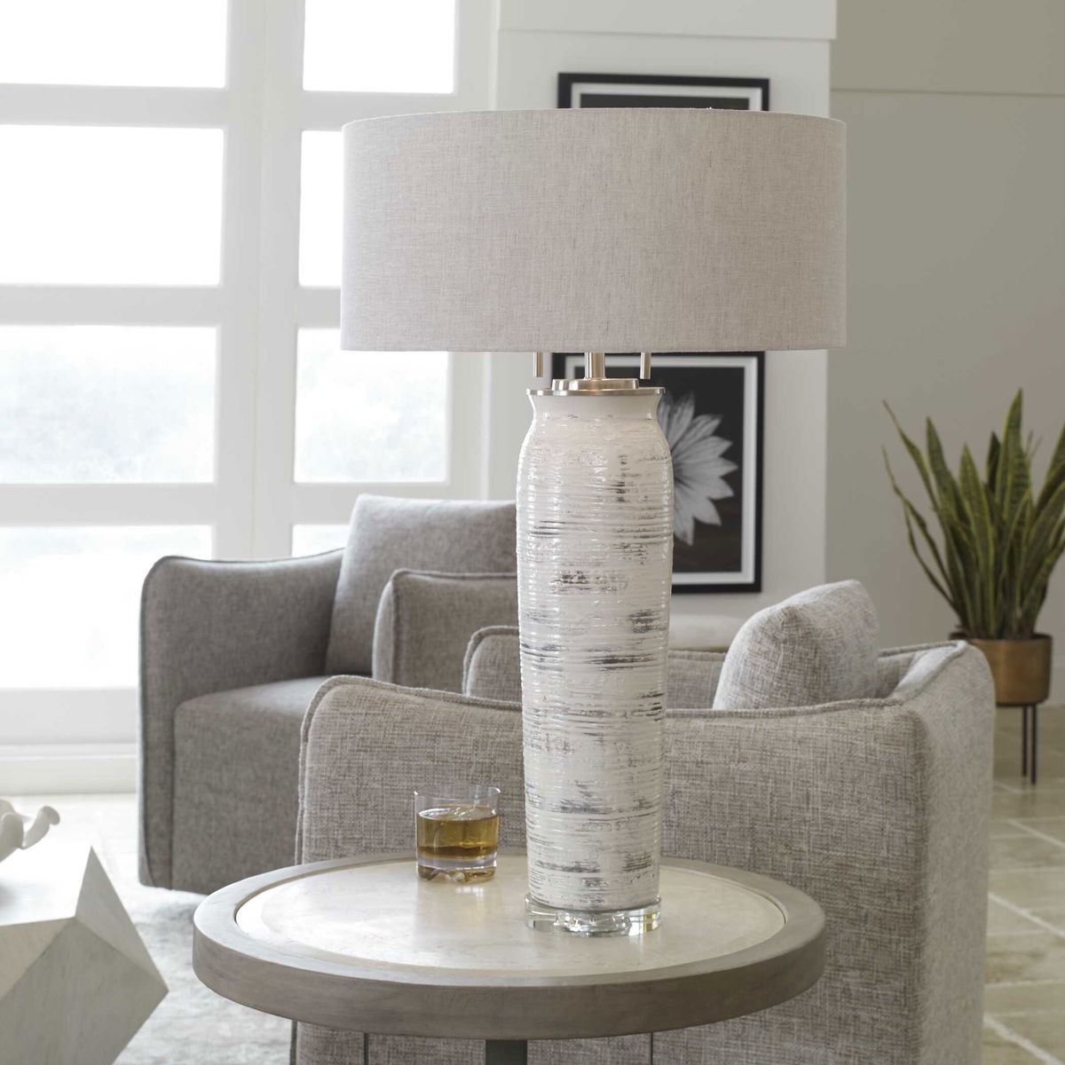 Lenta White Table Lamp, by Uttermost, 19" width x 30.25" height x 19" depth View 2