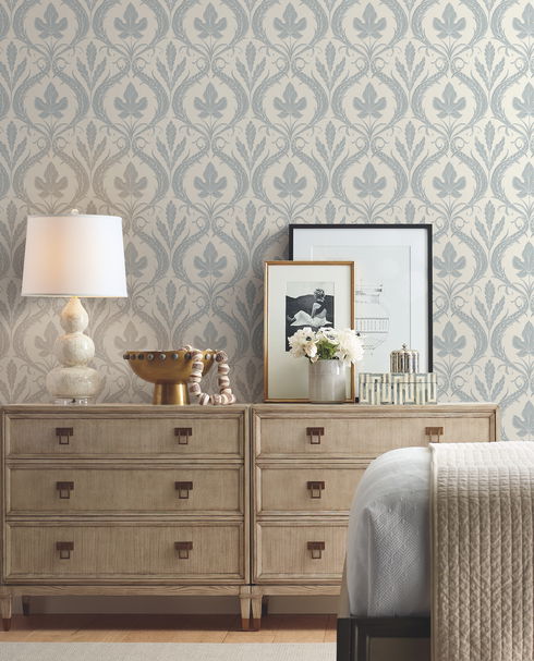 Adirondack Damask Blue & Beige Wallpaper