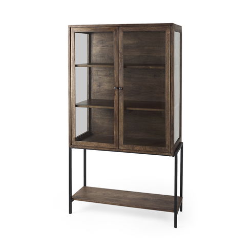 Arelius 36L x 18W x 63H Medium Brown Wood with Black Metal Base Display Cabinet