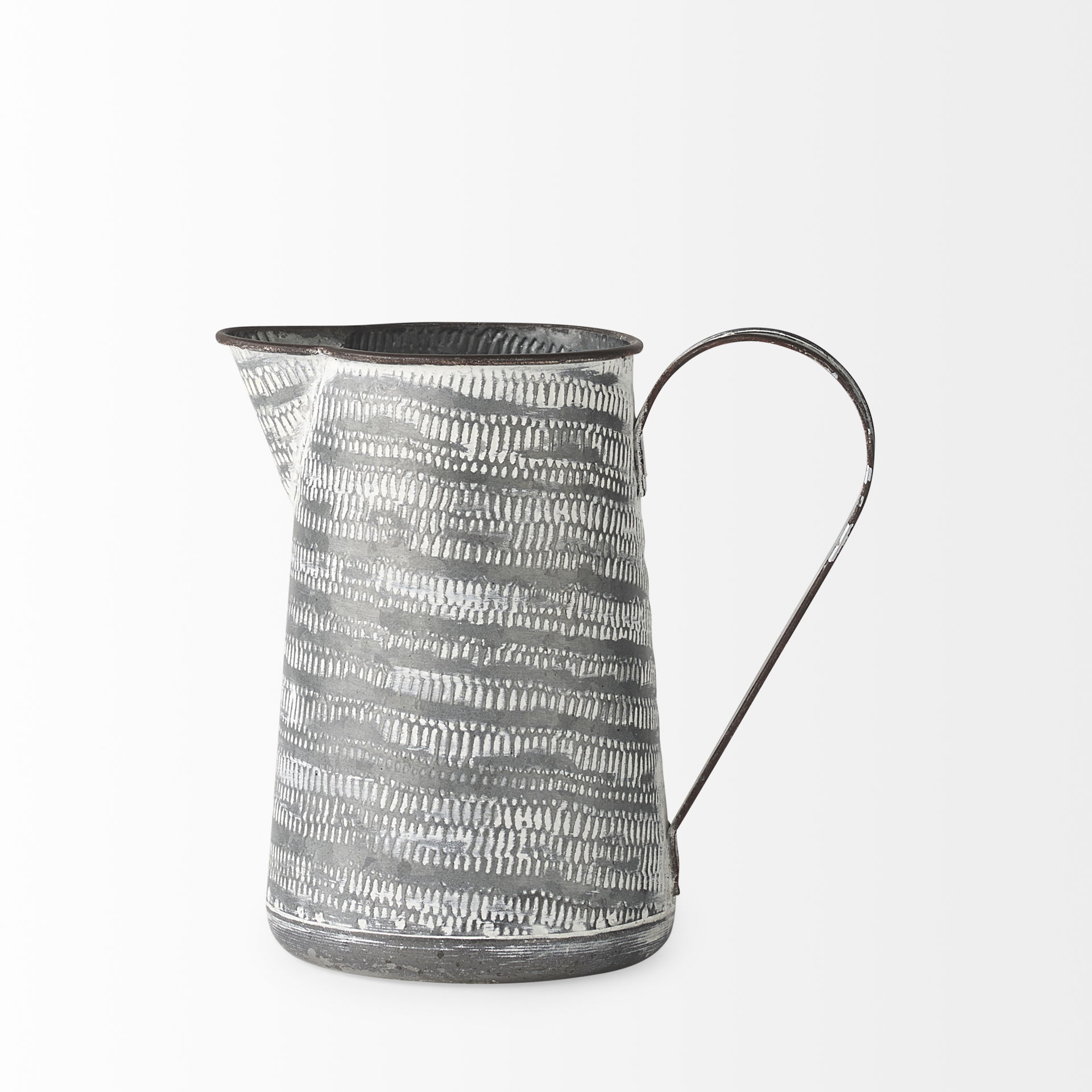 Serena I 8H Small Gray/White Textured Metal Jug, Decorative Jar by Mercana, 8" length x 5.1" width x 7.8" height View 3