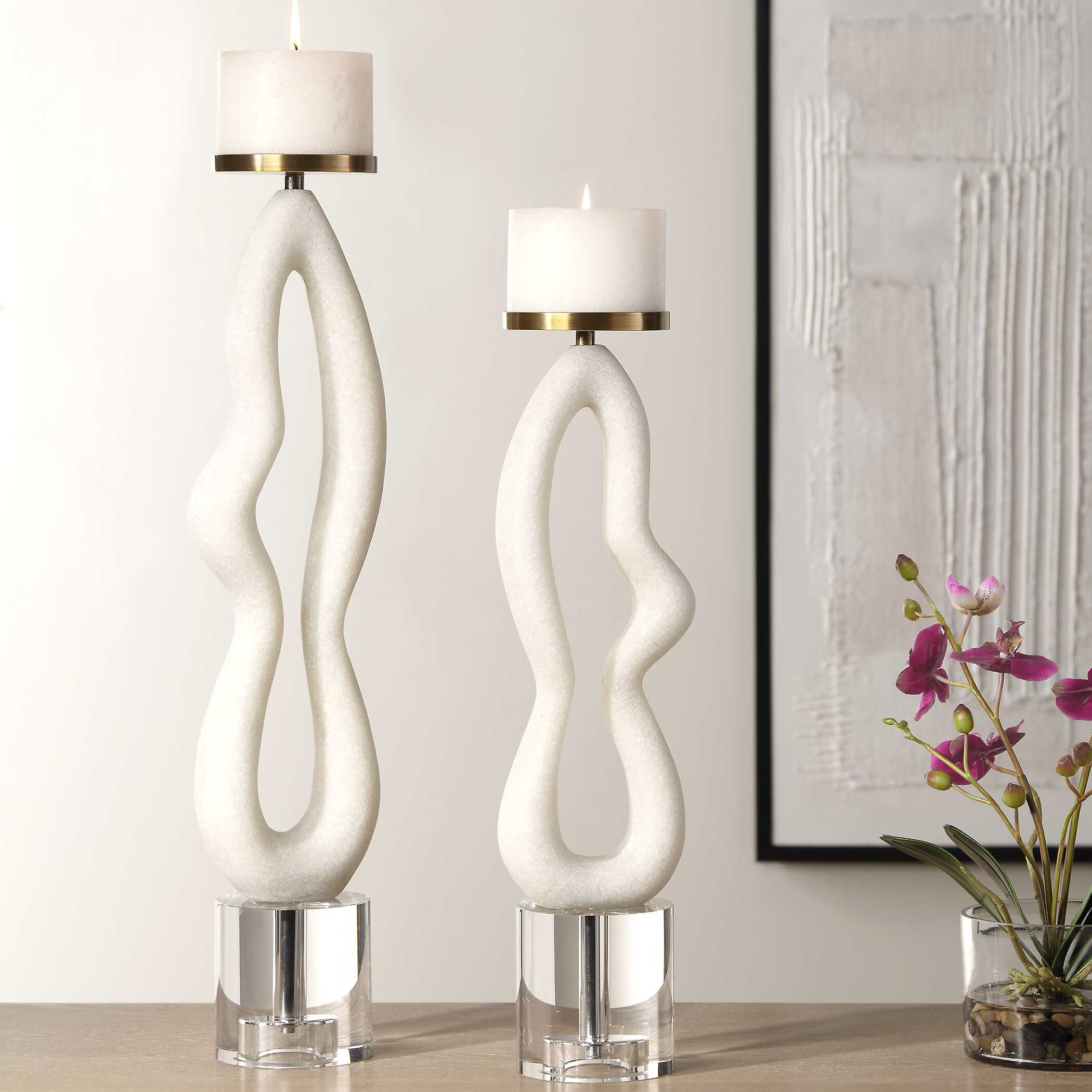 Feamelo Ivory Stone Candleholders Set/2, Decorative by Uttermost, 5" width x 22.5" height x 4.25" depth View 3