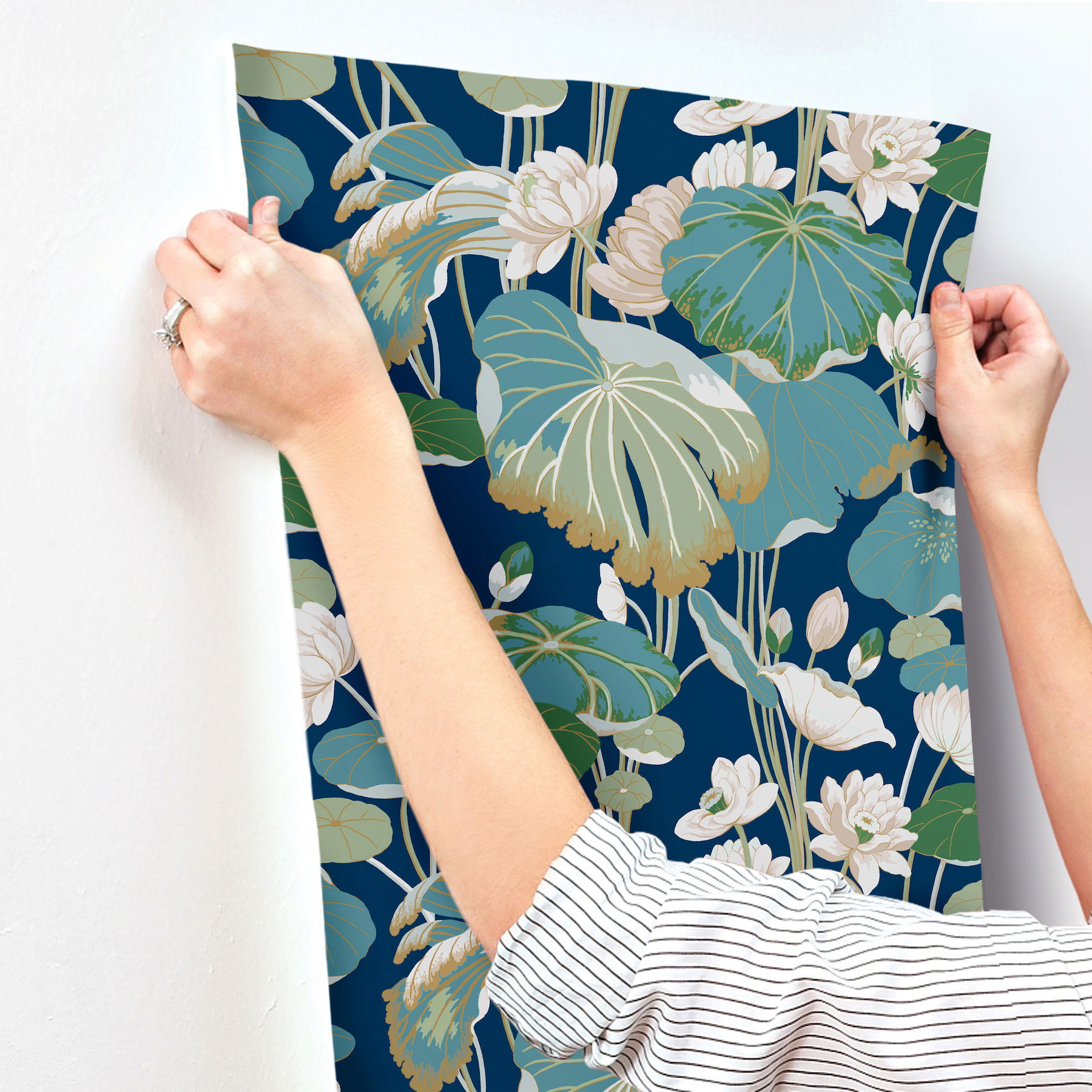 Lotus Pond Navy Metallic Wallpaper large image 