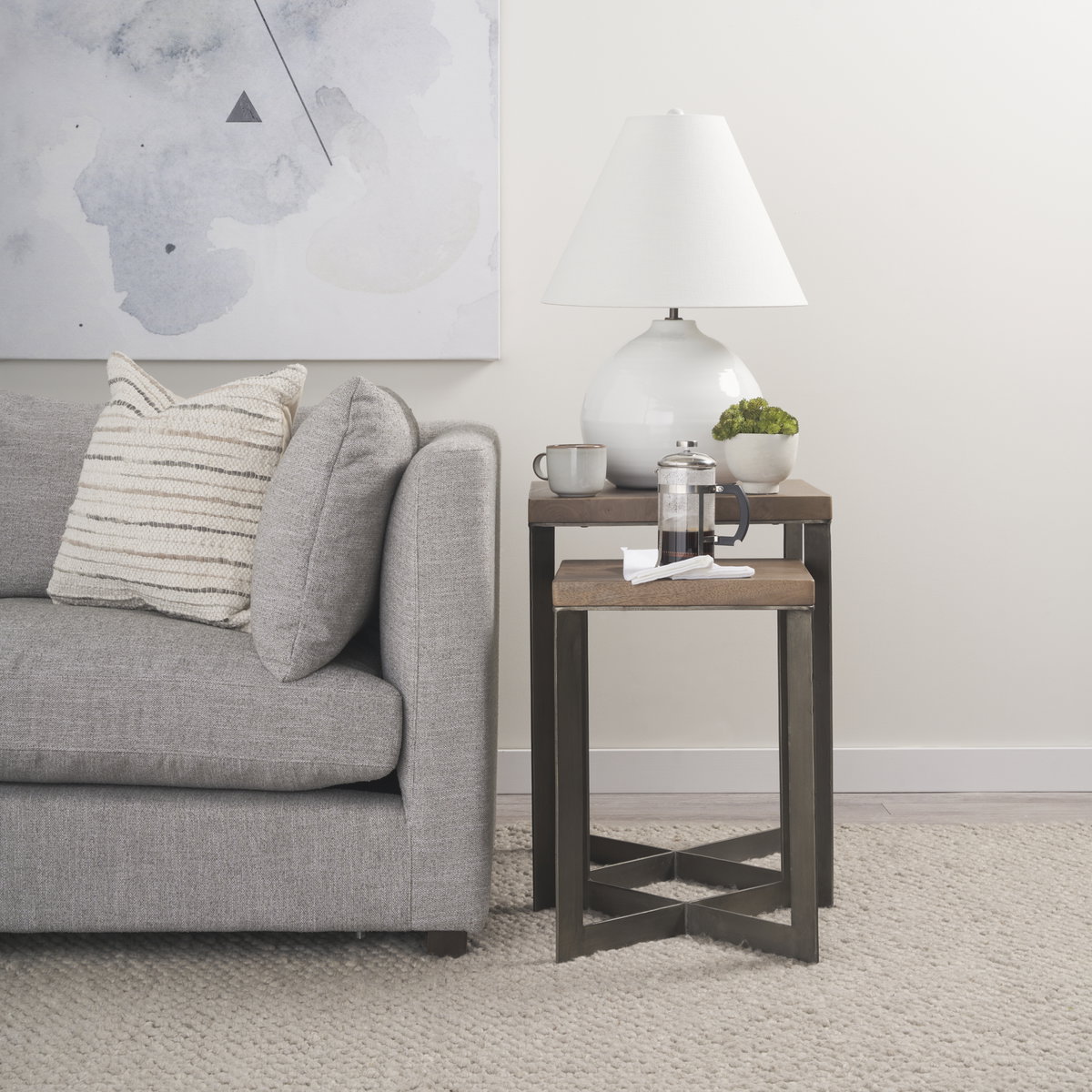 Faye (Set of 2) 19L x 19W x 26H Medium Brown Wood with Metal Base Accent Tables, Side & End Table by Mercana, 19" length x 19" width x 26" height View 3