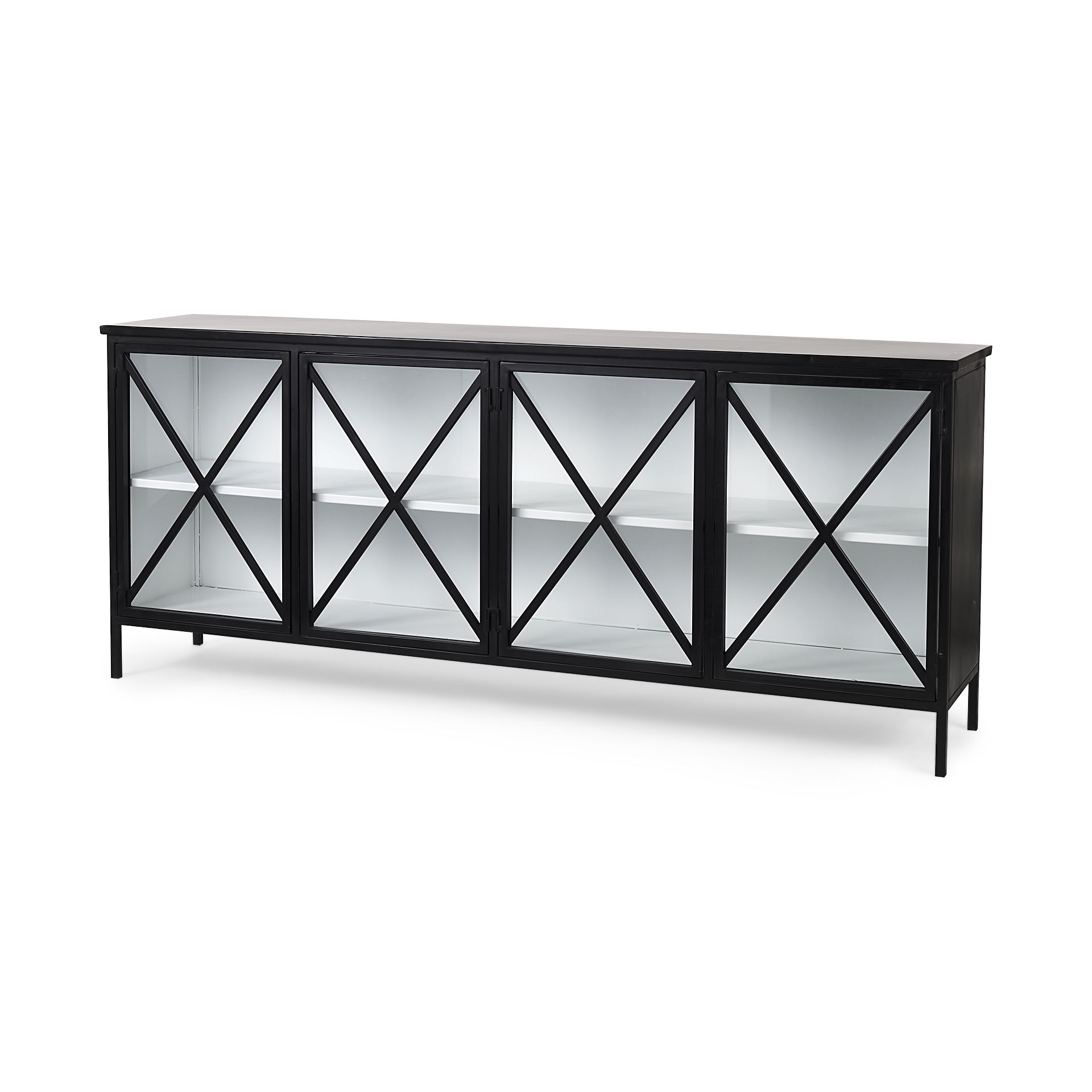 Aurelia  Black and White Metal Four Door Glass Cabinet, Sideboards & Buffet by Mercana, 79" length x 16" width x 33" height View 1