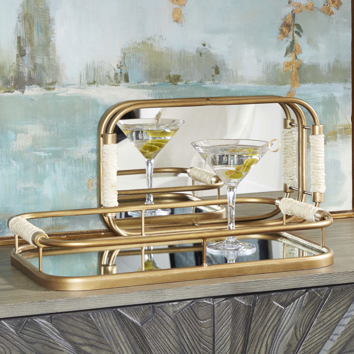 Rosea Brushed Gold Trays Set/2, Decorative Tray by Uttermost, 19.5" width x 3" height x 11" depth View 3