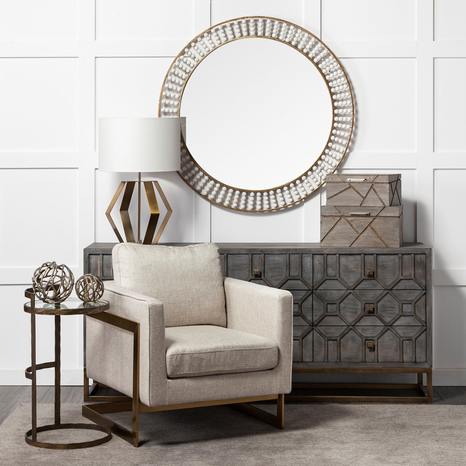 Genevieve II 70x15.8 Gray Fir Veneer with Gold Metal Frame Base 9 Drawer Sideboard large image 