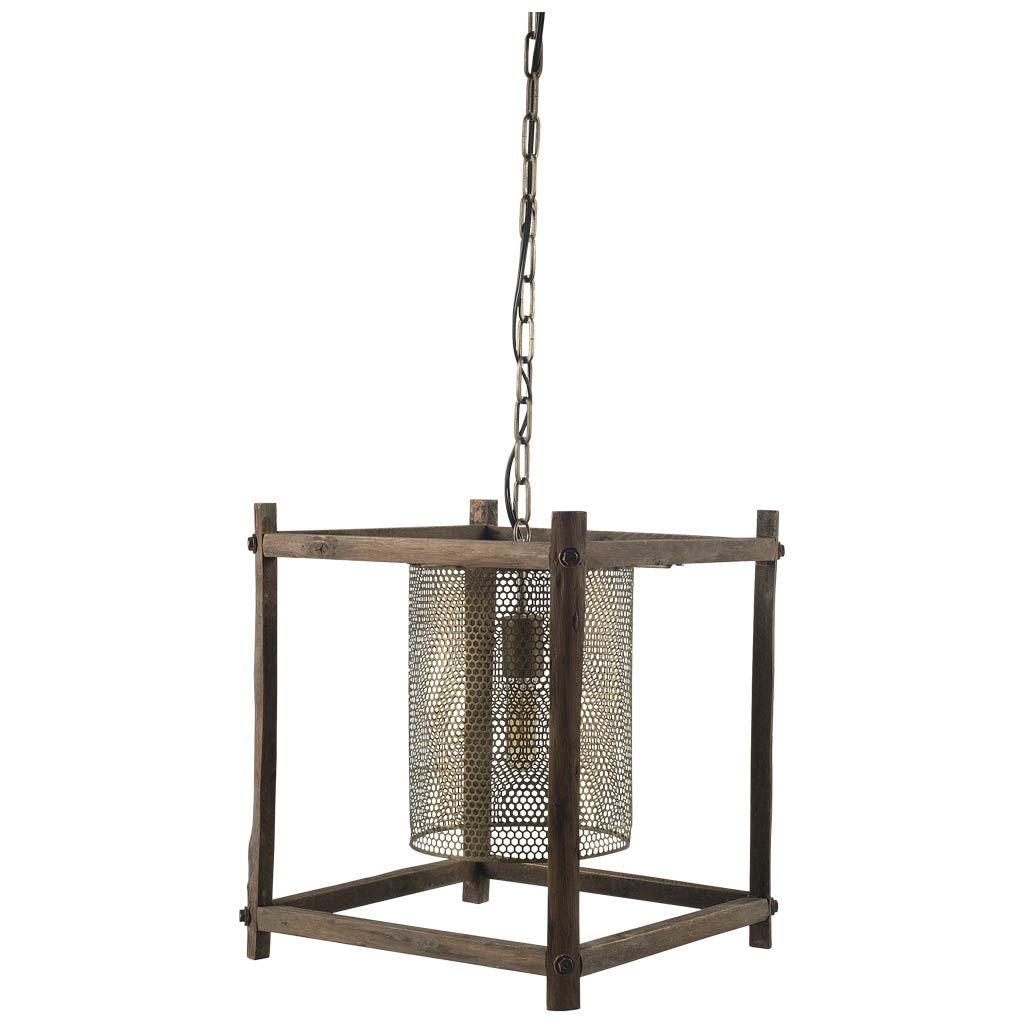 Keppler 16L x 16W x 18.3H Perforated Metal and Wood Pendant Light, by Mercana, 16" length x 16" width x 18.25" height View 1