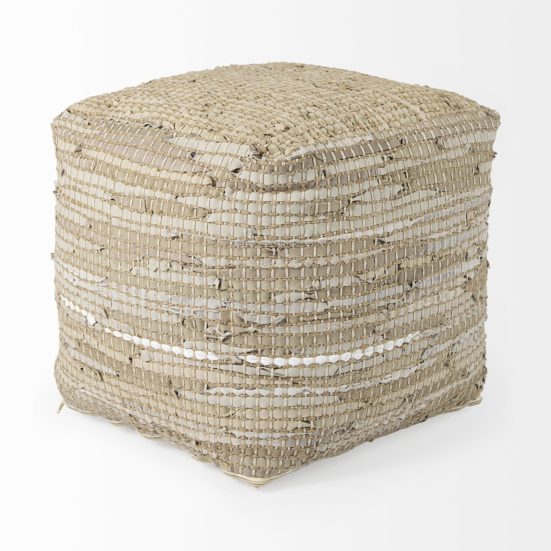 Aalia  Beige Leather and Jute Pouf, Ottoman by Mercana, 16" length x 16" width x 16" height View 3