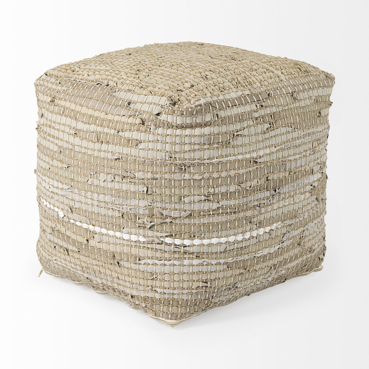 Aalia  Beige Leather and Jute Pouf, Ottoman by Mercana, 16" length x 16" width x 16" height View 5
