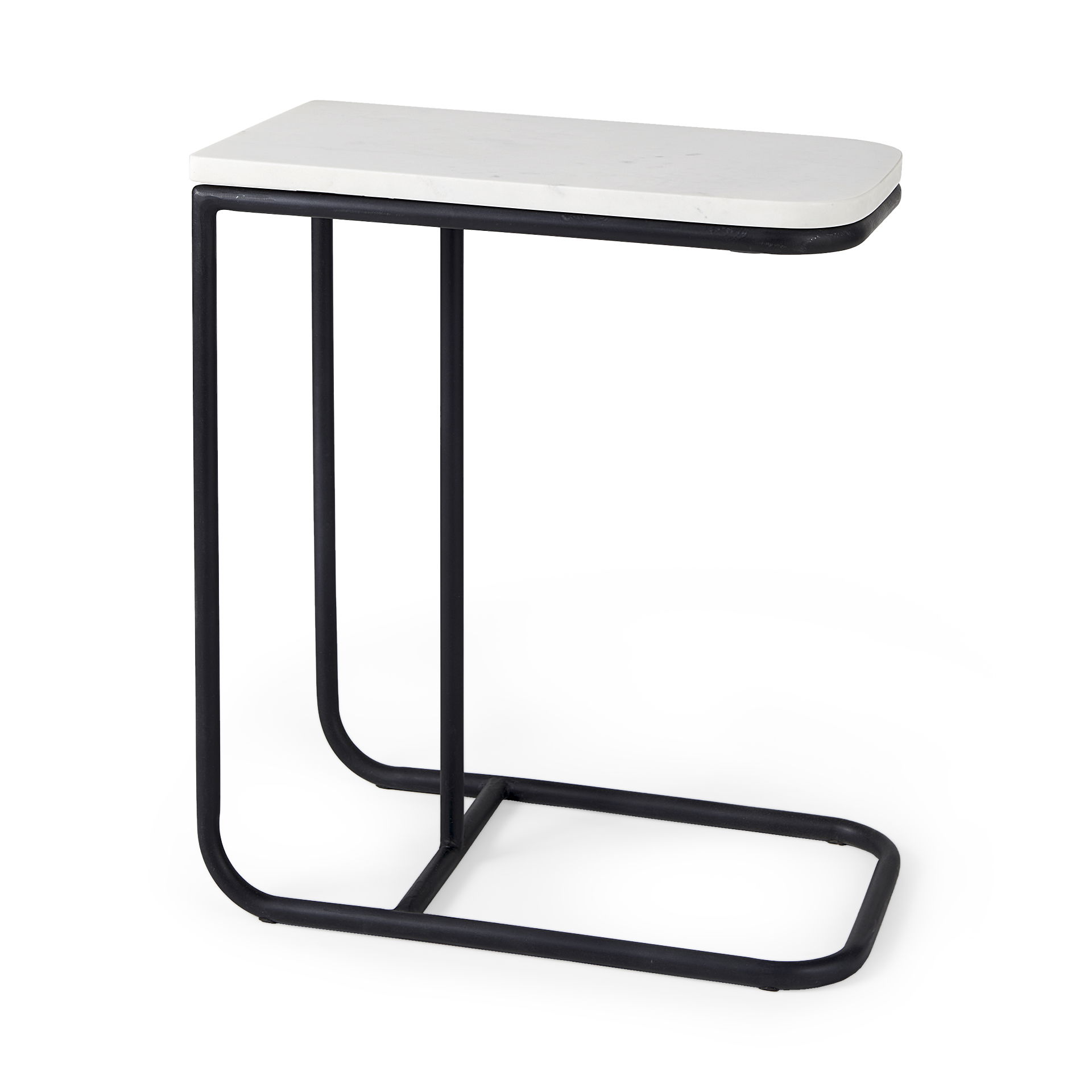 Kyra  White Marble Top with Black Iron Frame C-Shaped End and Side Table, Side & End Table by Mercana, 12" length x 20" width x 23" height View 1
