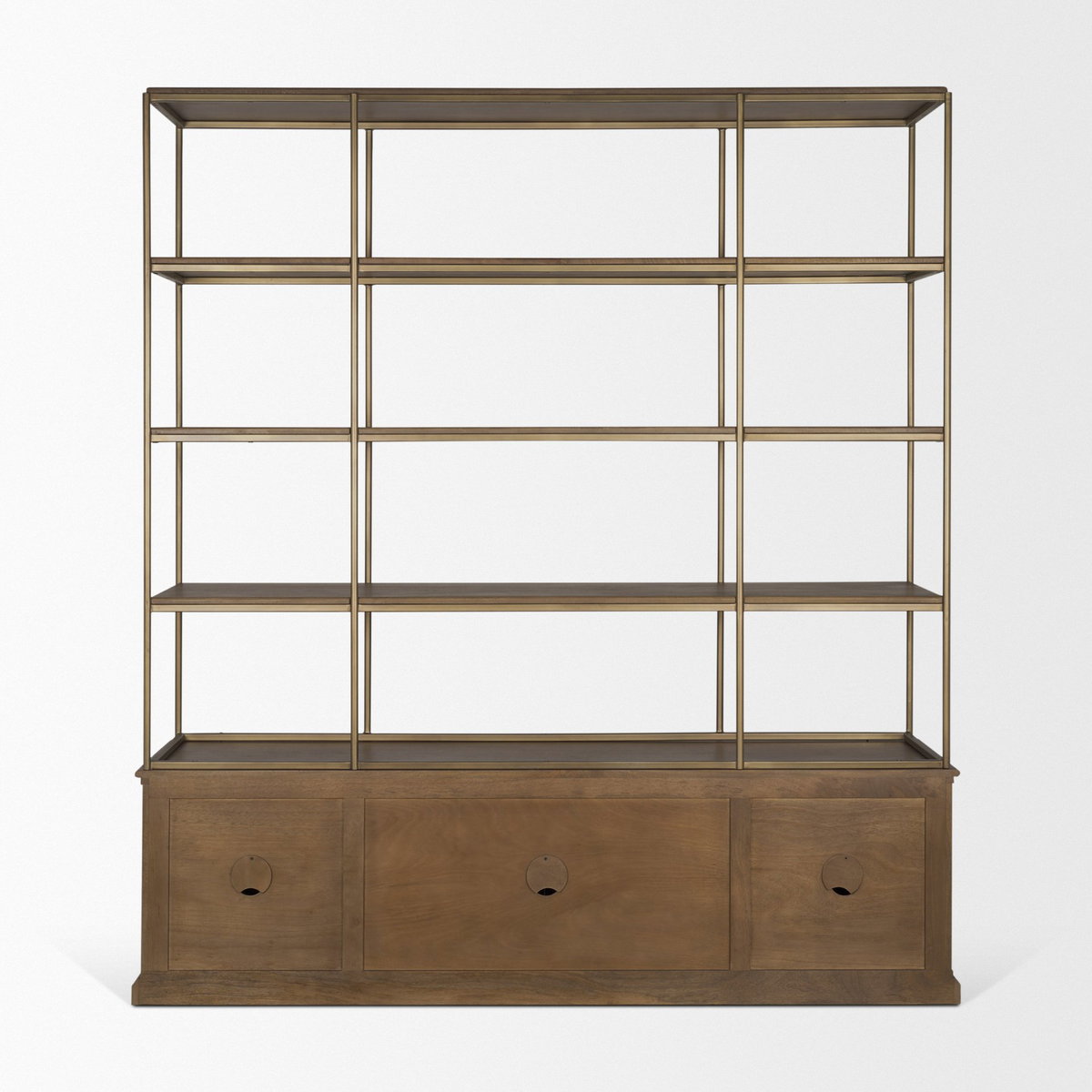 Baron 4-Door Dark Brown Wood with Antique Brass Metal Open Shelving Unit, Shelving & Bookcase by Mercana, 81.75" length x 19" width x 90" height View 7