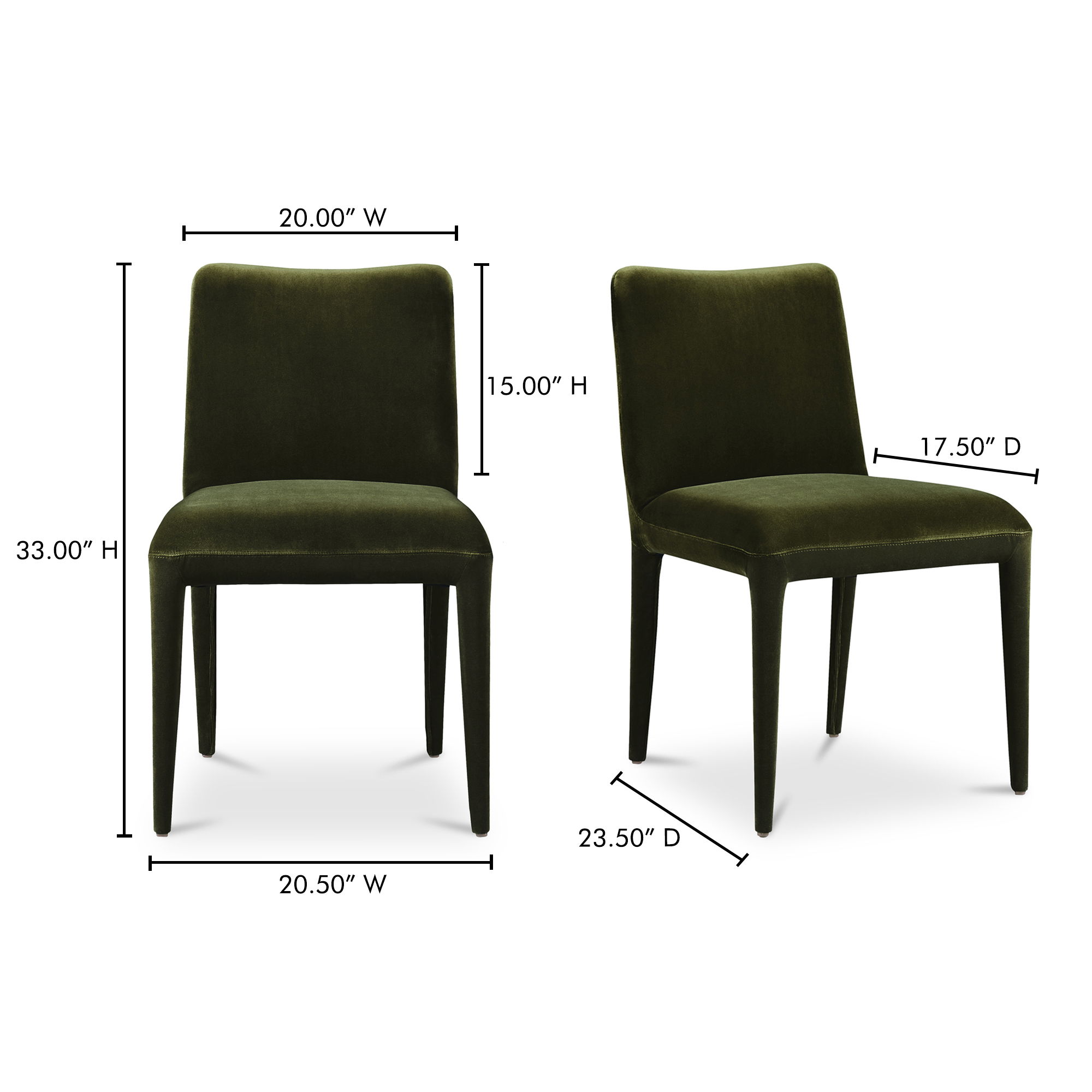 Calla Dining Chair Green Velvet - Set Of Two, by Moe's Home, 20.5" width x 33" height x 23.5" depth View 11
