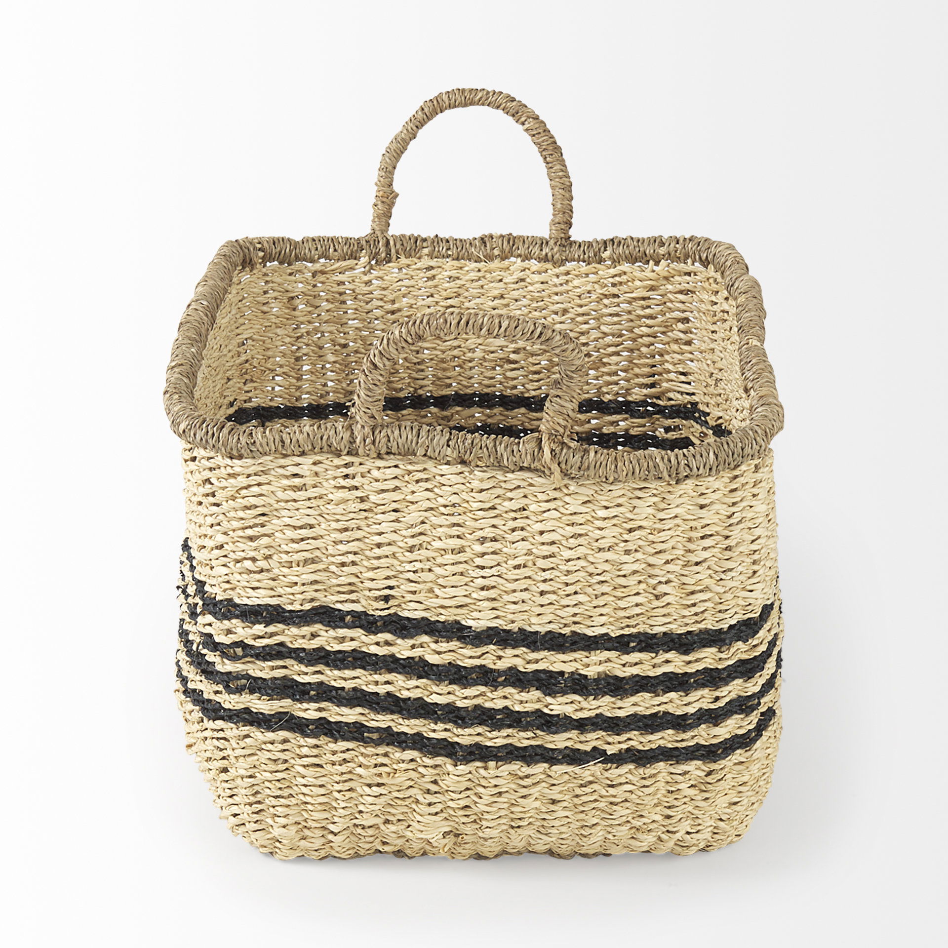 Emma  (Set of 2) Light Brown Seagrass Rectangular Basket with Black Stripes, Bins & Basket by Mercana, 17.32" length x 12.99" width x 11.02" height View 3