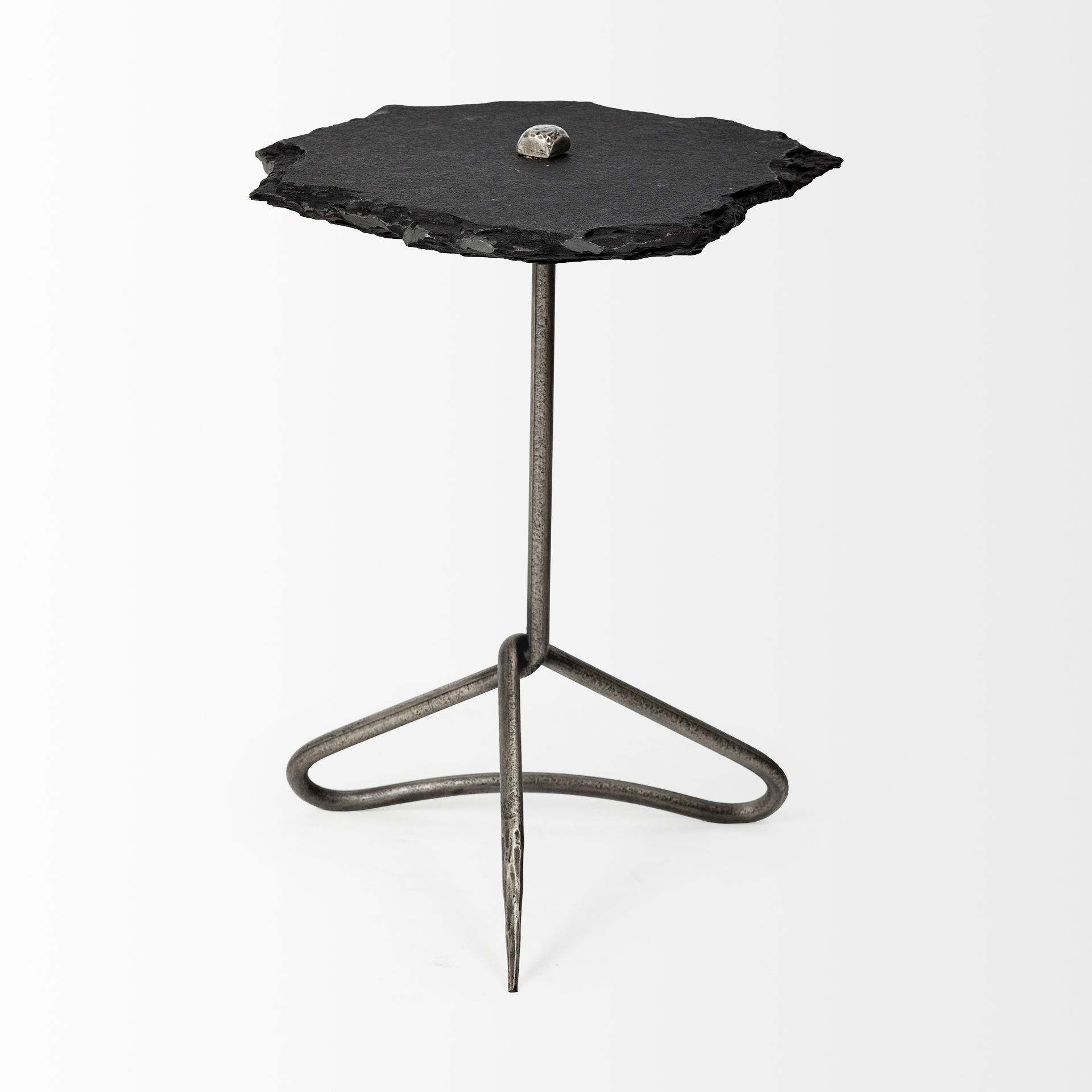 Pinera II 19L x 19W Black Slate Top with Triangular Iron Base Accent Table, Side & End Table by Mercana, 19" length x 19" width x 24" height View 4