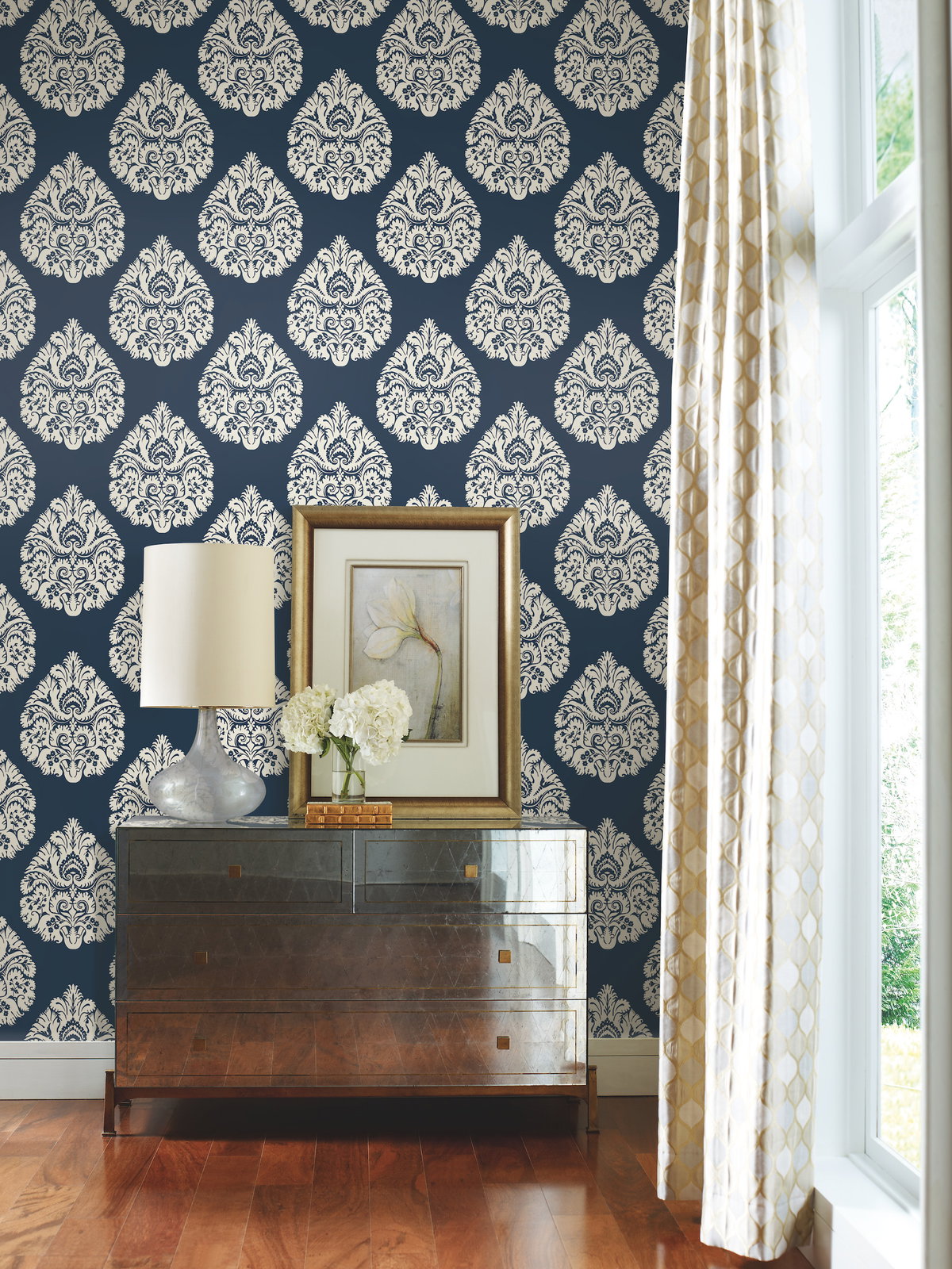 Teardrop Damask Navy Wallpaper, by York Wall, 27' length x 2'3" width x 0.02" depth View 3