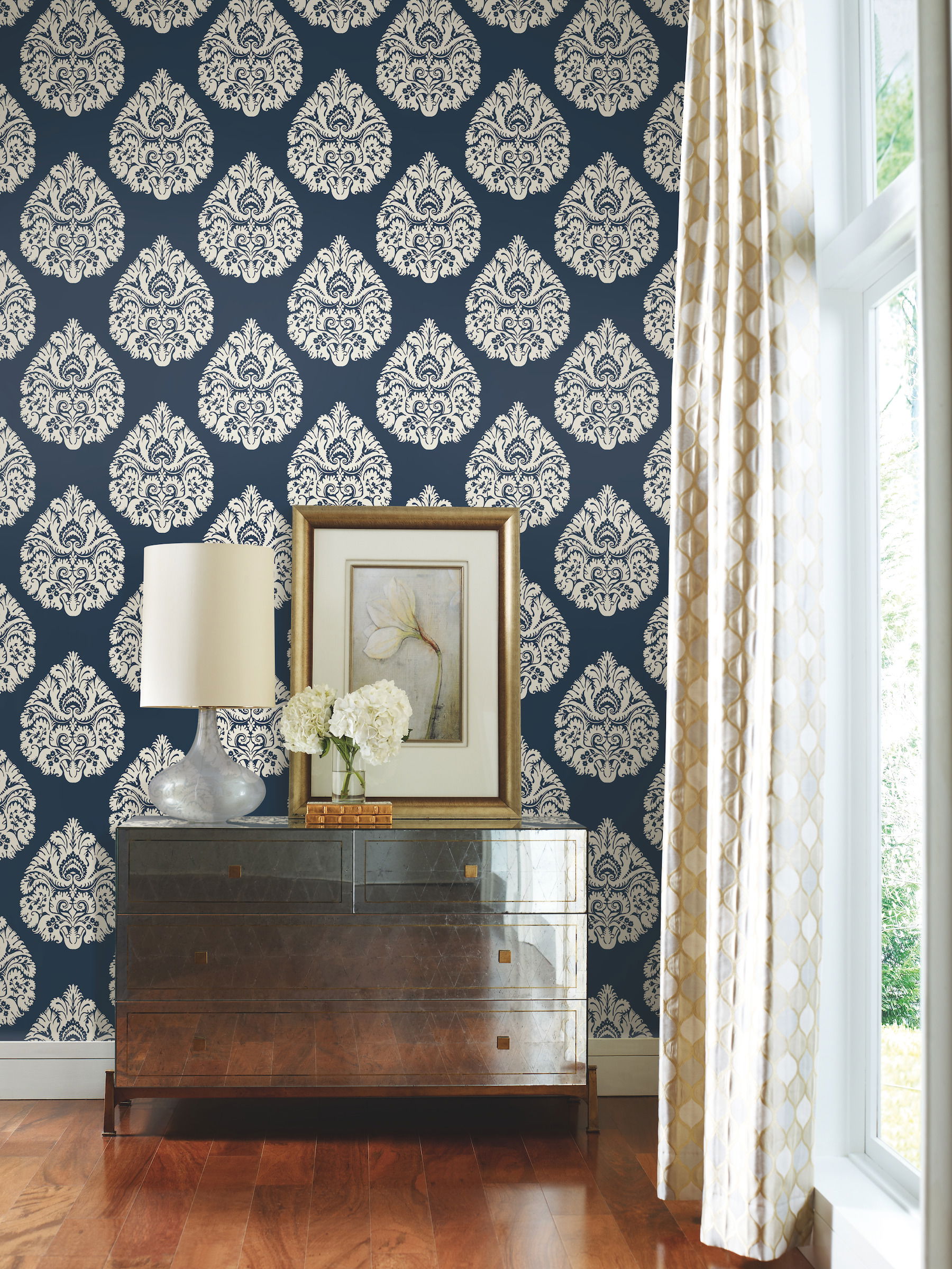 Teardrop Damask Navy Wallpaper large image 
