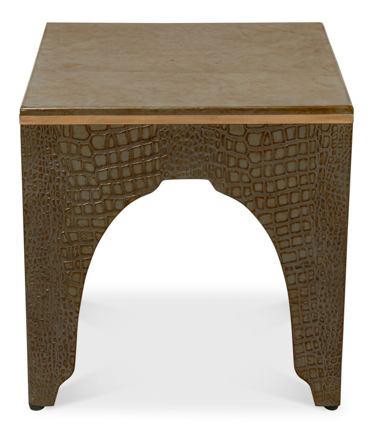 Croco Embossed Leather Stool  Ant. Green, by Sarreid, 1'6" length x 1'6" width x 10" height View 2