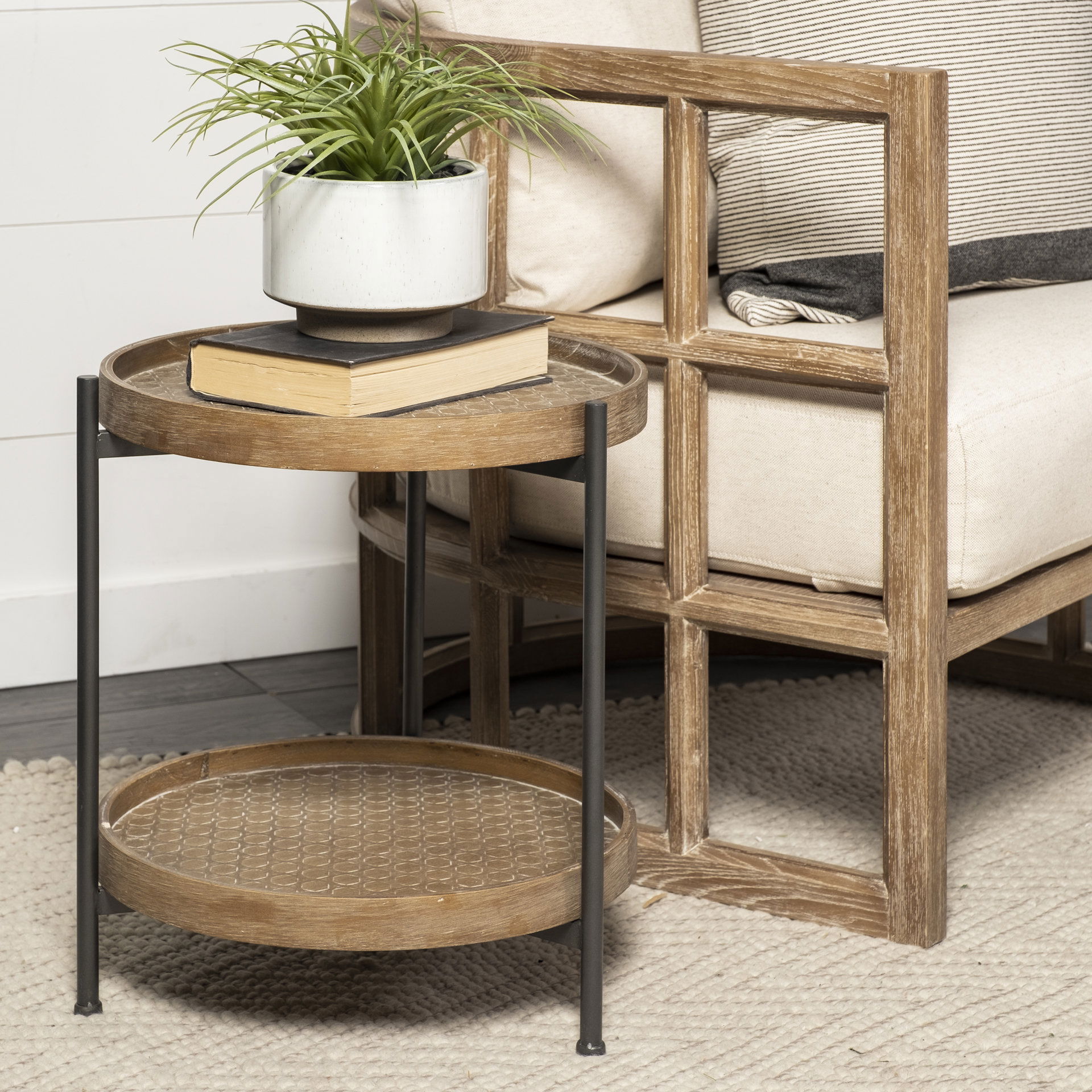 Kade III 16.9' Round Top Natural Brown Wood and Gray Metal Frame Tray-Style End/Side Table, Side & End Table by Mercana, 16.93" length x 16.93" width x 18.9" height View 4