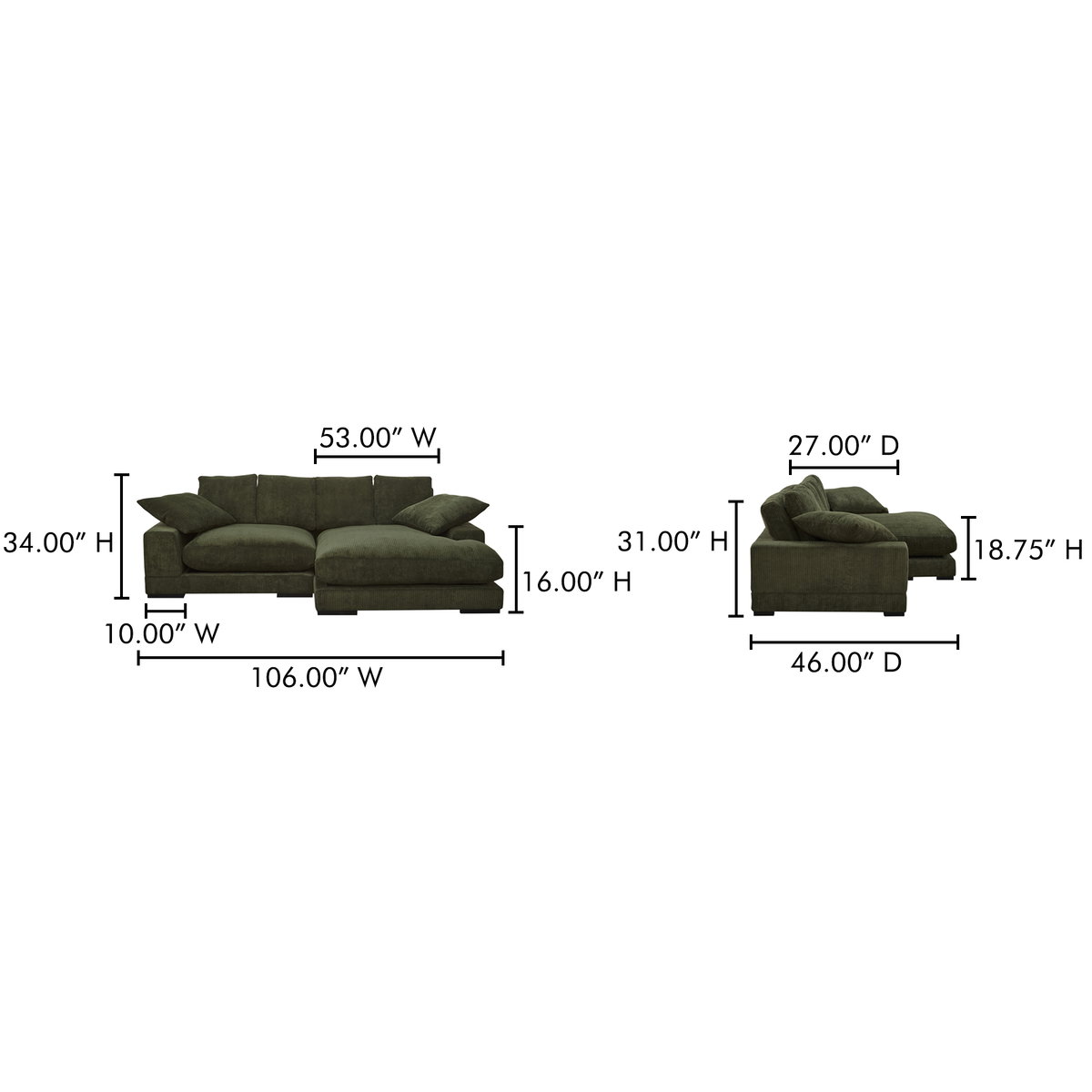 Plunge Sectional Dark Green, Sectional Sofa by Moe's Home, 106" width x 34" height x 46" depth View 9