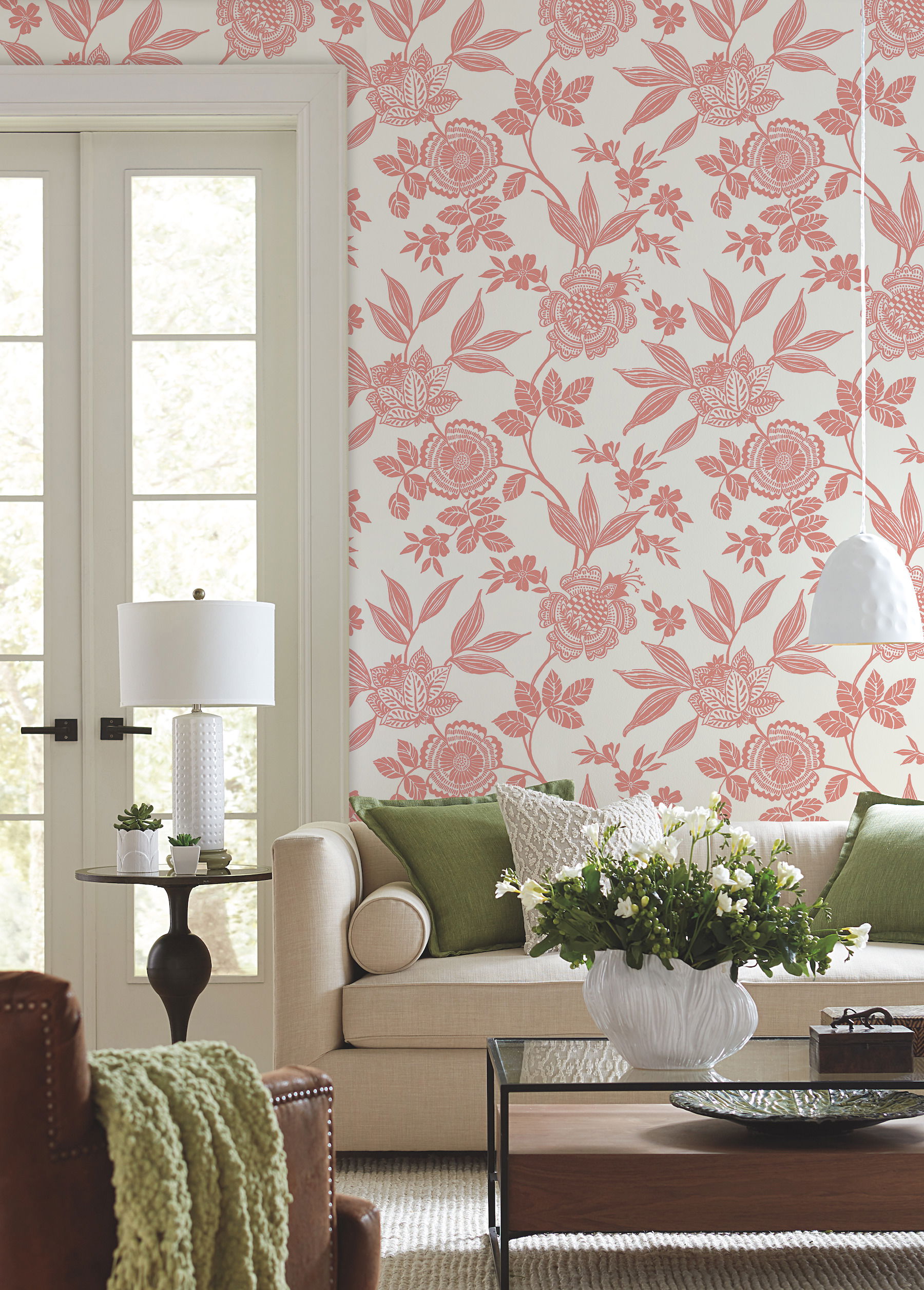 Wood Cut Jacobean Salmon Wallpaper large image 