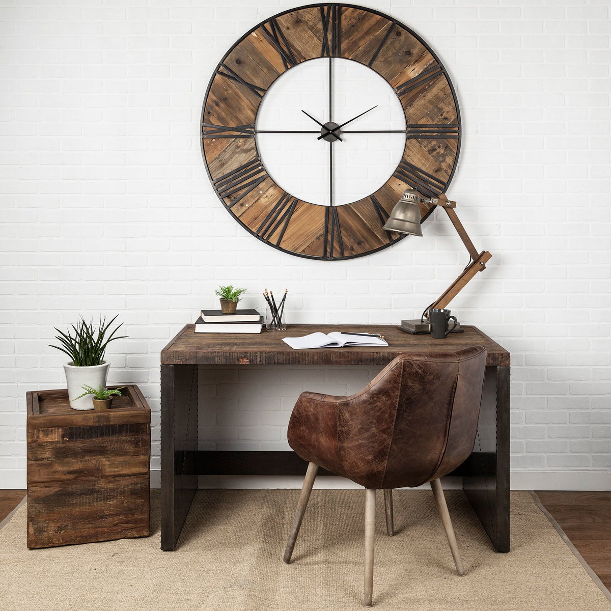Orwell 52L x 28W Brown Wood Top Metal Cladded Frame Office Desk, by Mercana, 56" length x 28" width x 30" height View 2