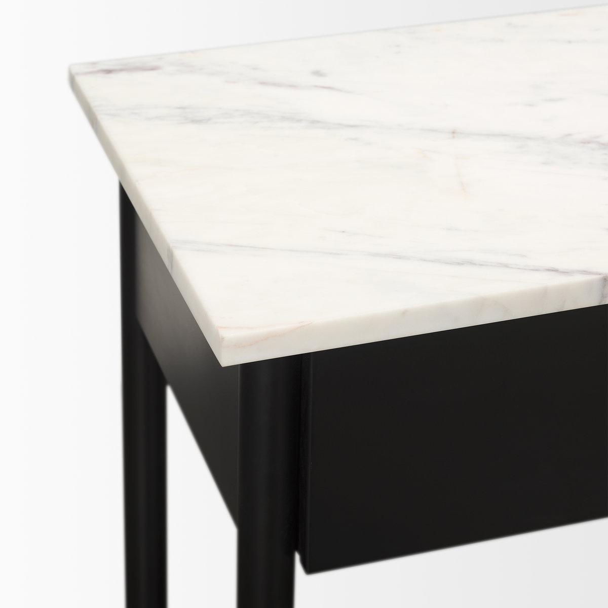 Amika White Marble Top Black Metal Base Console Table, by Mercana, 44" length x 12" width x 32" height View 10