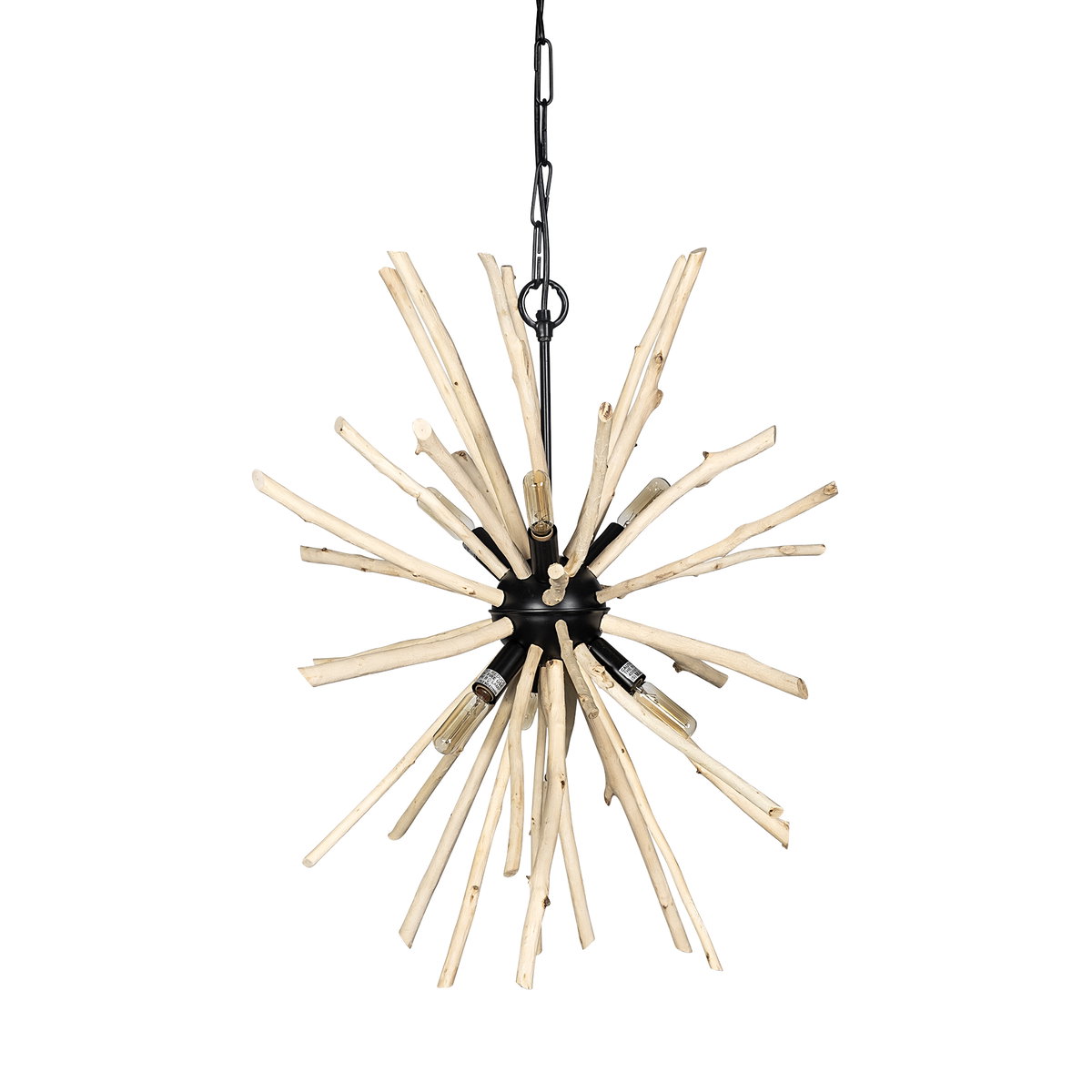 Jules 25x25 Blonde Wood and Black Metal Six Bulb Chandelier Light, by Mercana, 25" length x 25" width x 25" height View 1