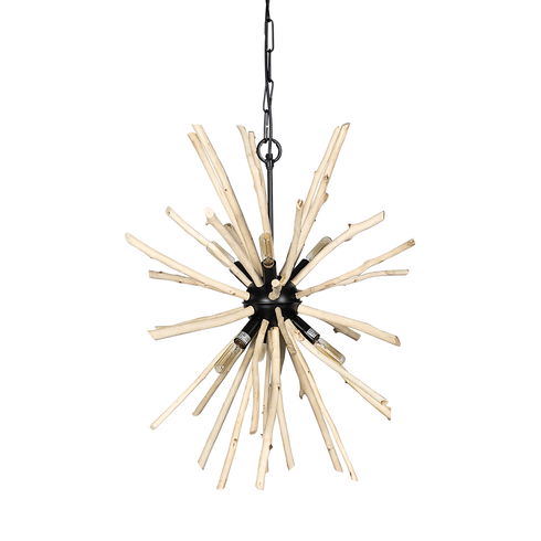 Jules 25x25 Blonde Wood and Black Metal Six Bulb Chandelier Light