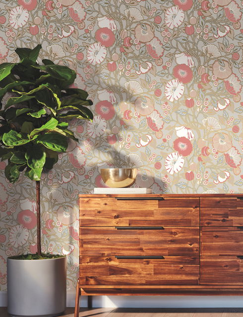 Poppies Grey & Pink Metallic Wallpaper