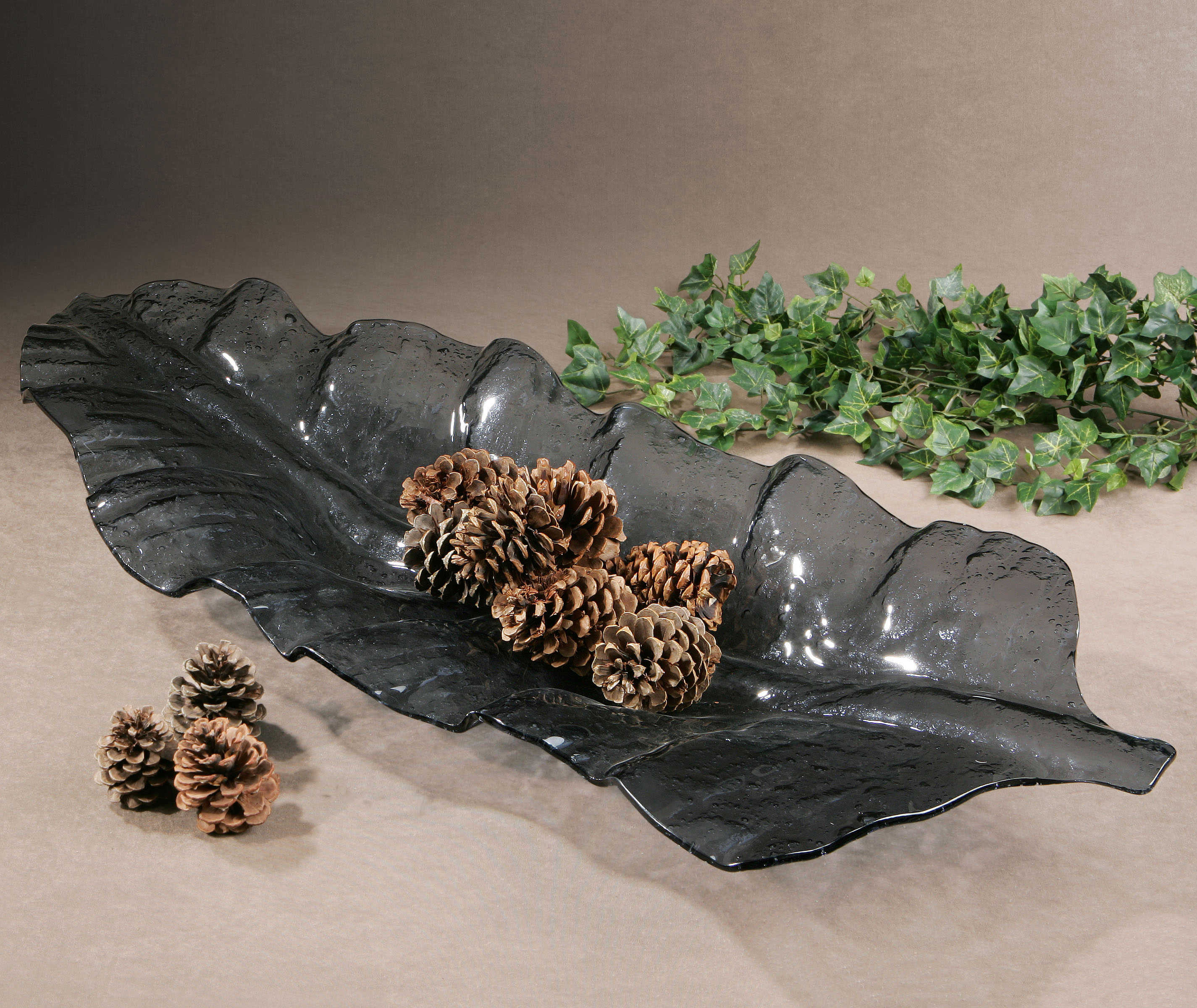 Smoked Leaf Glass Tray, Decorative by Uttermost, 43" width x 4.5" height x 16.5" depth View 3