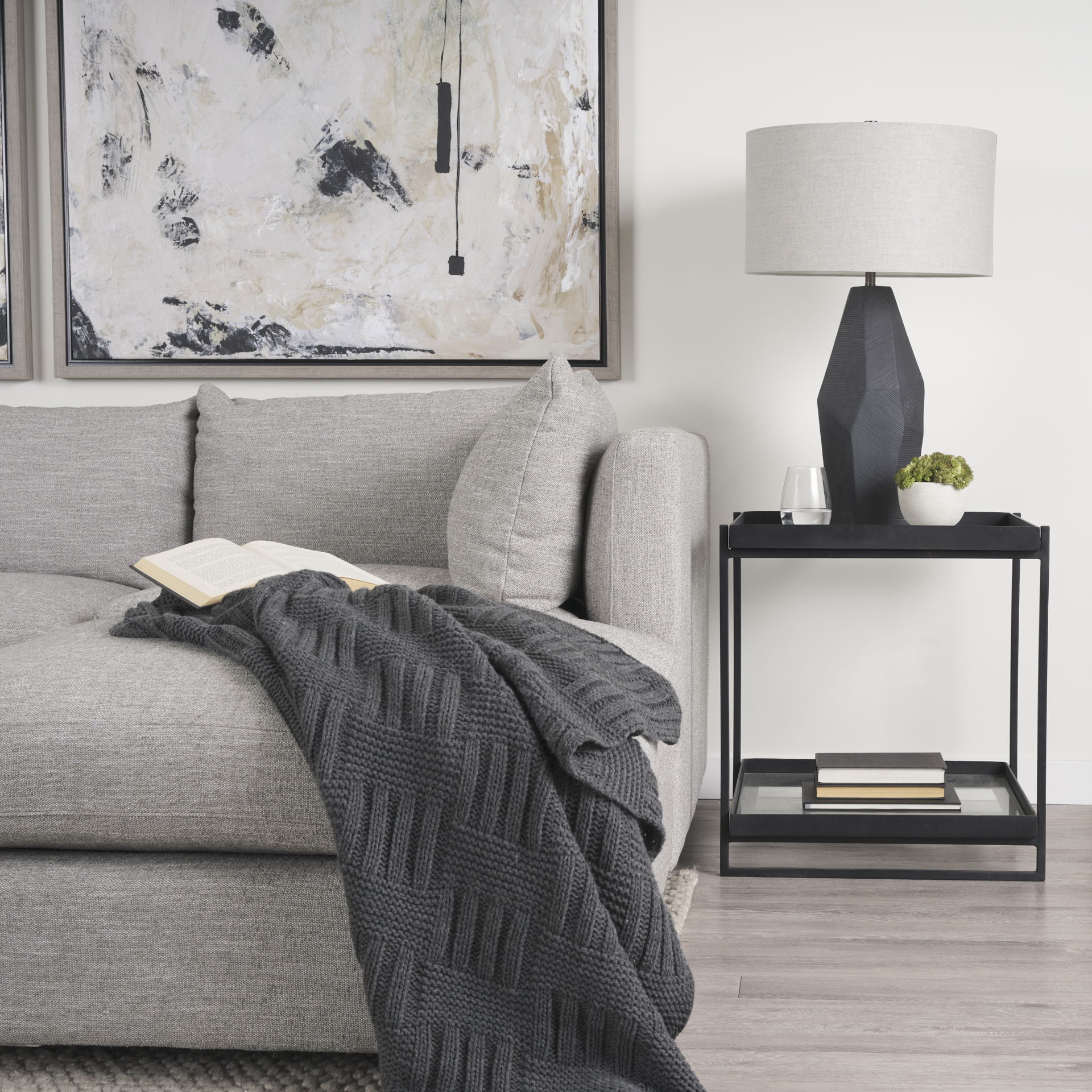 Trey Black Metal with Glass Accent Table, Side & End Table by Mercana, 22" length x 22" width x 24" height View 3