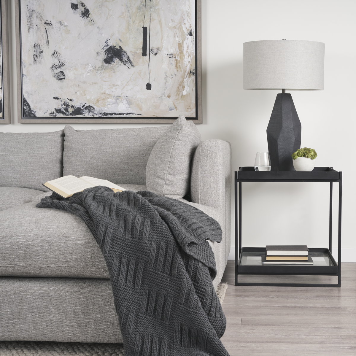Trey Black Metal with Glass Accent Table, Side & End Table by Mercana, 22" length x 22" width x 24" height View 3